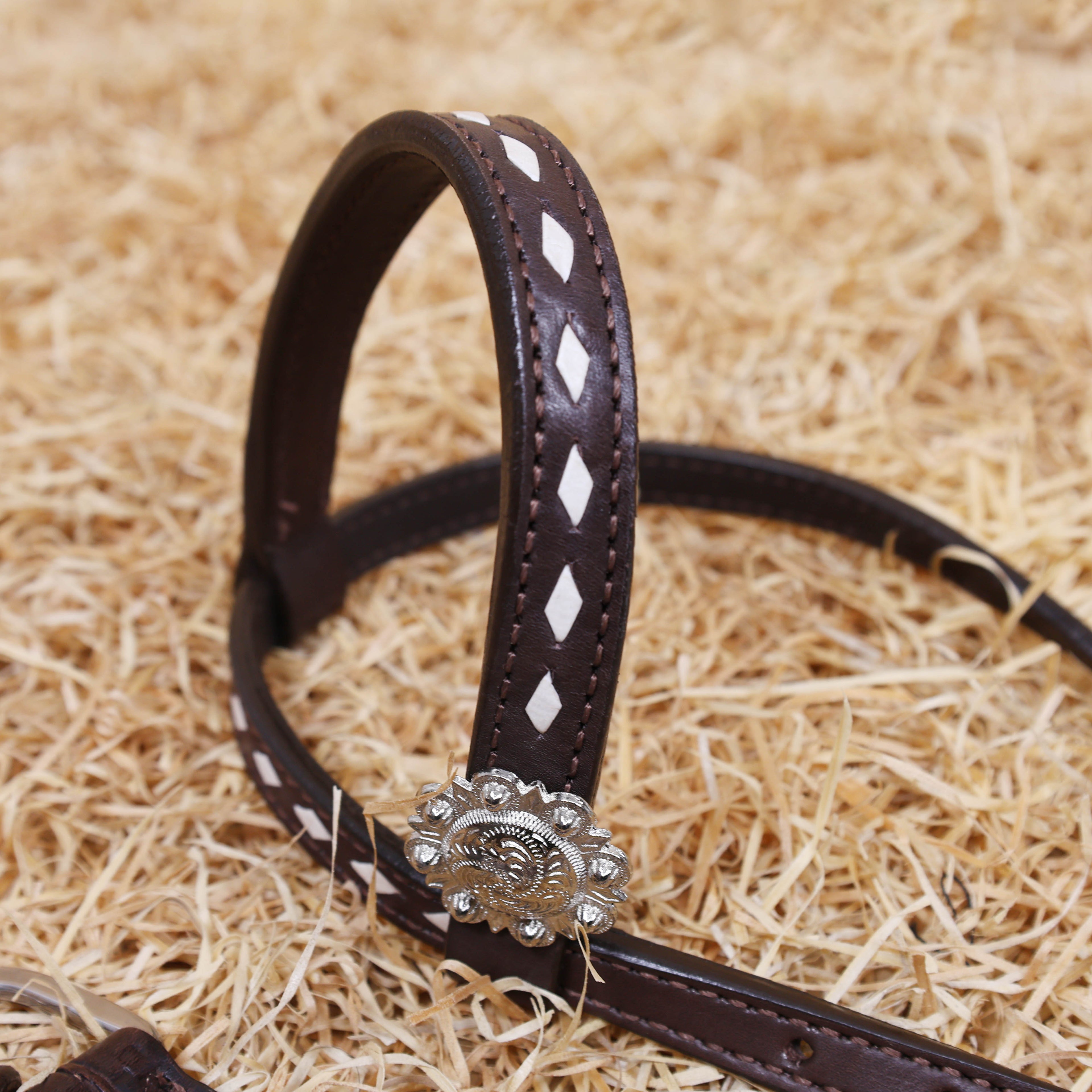 MOUSM One Ear Headstall Set – Western Leather Horse Tack Set Decorated with Criss-Cross Rawhide Braiding and Hand-Tooled Flower Carvings, Featuring Antique Finish Nickel Hardware