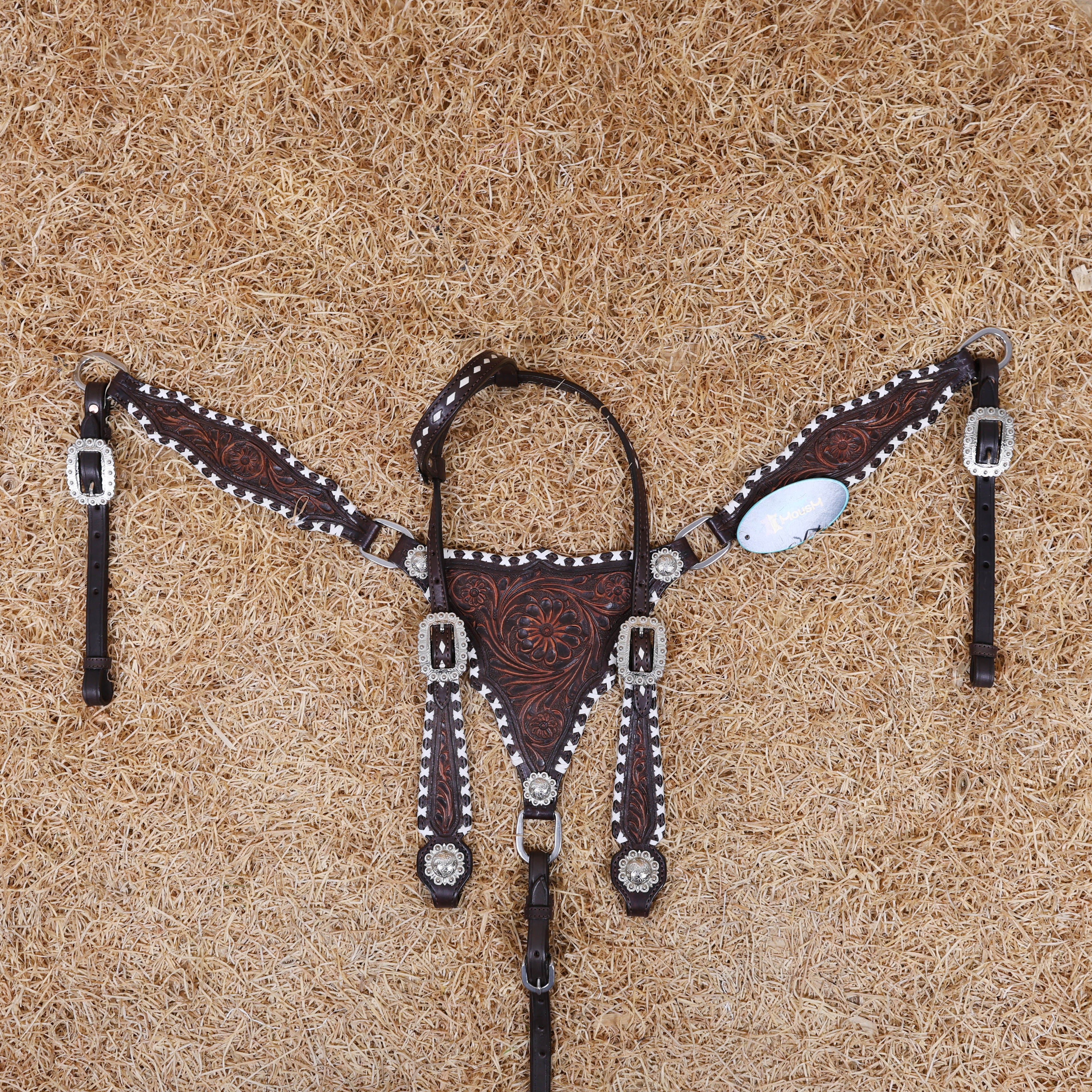 MOUSM One Ear Headstall Set – Western Leather Horse Tack Set Decorated with Criss-Cross Rawhide Braiding and Hand-Tooled Flower Carvings, Featuring Antique Finish Nickel Hardware