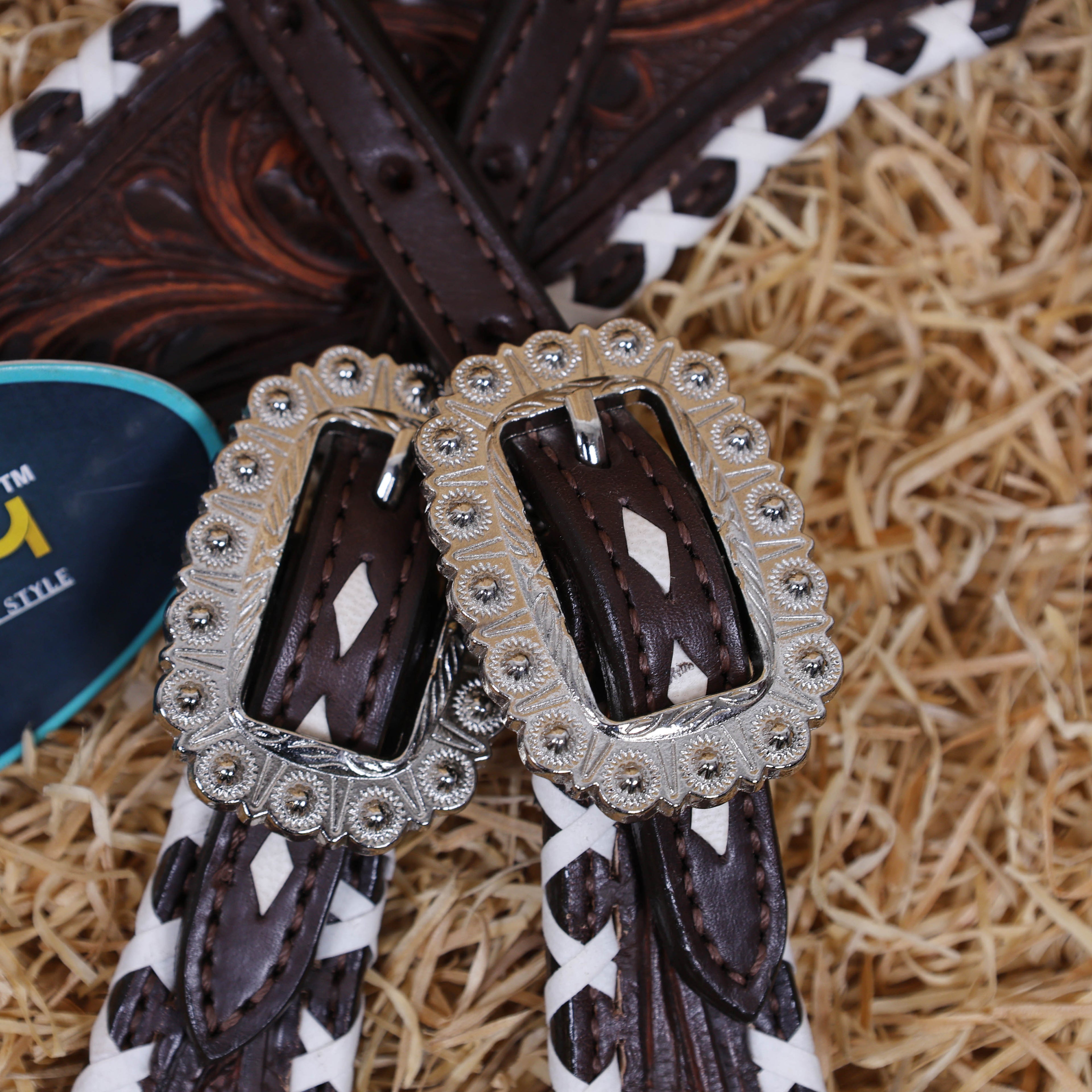 MOUSM One Ear Headstall Set – Western Leather Horse Tack Set Decorated with Criss-Cross Rawhide Braiding and Hand-Tooled Flower Carvings, Featuring Antique Finish Nickel Hardware