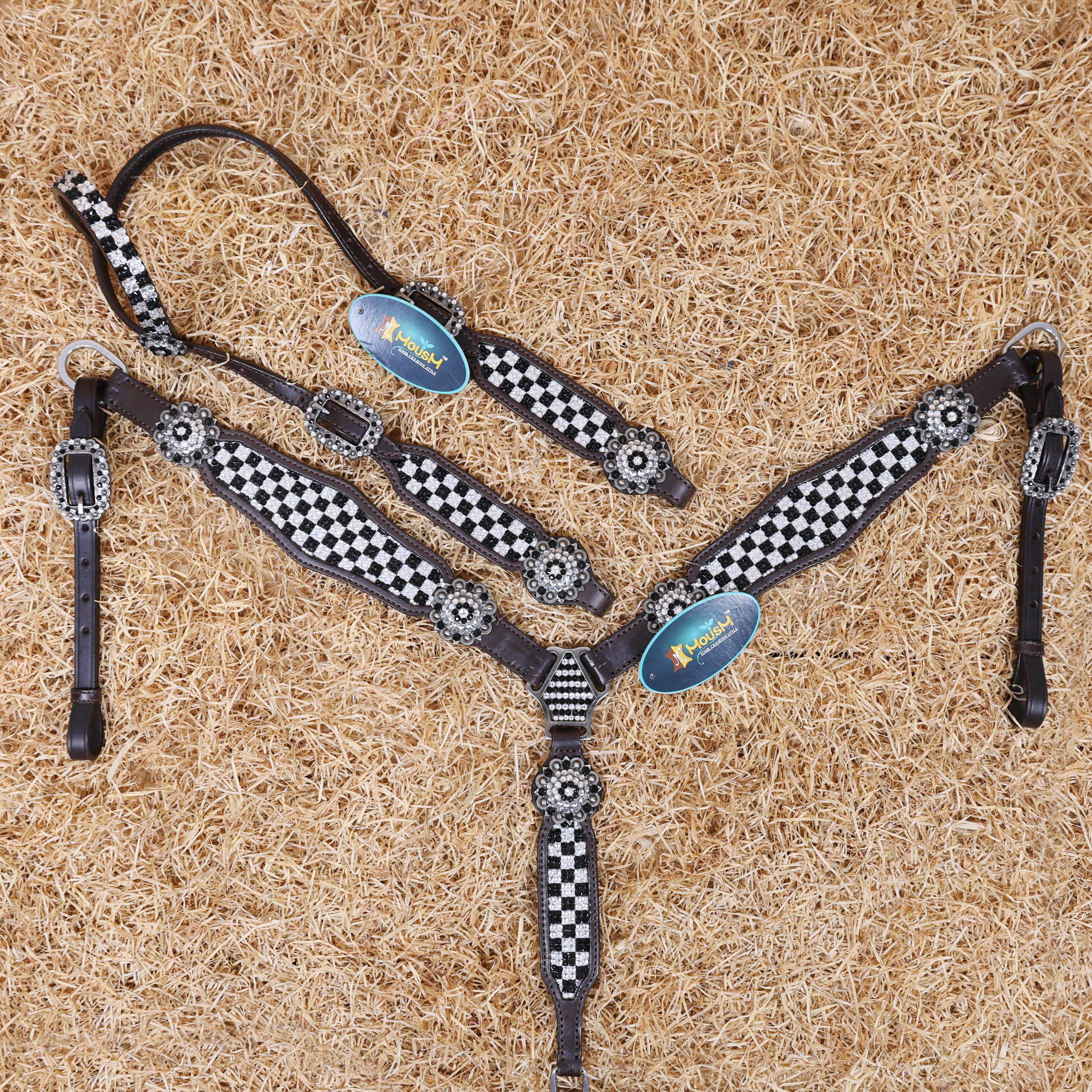 MOUSM Western Headstall and Breast Collar Set - Made with Argentina Cow Leather Decorated with Black and White Dazzle Stone Checkered Design with Bling Berry Conchos, All Antique Nickel Hardware