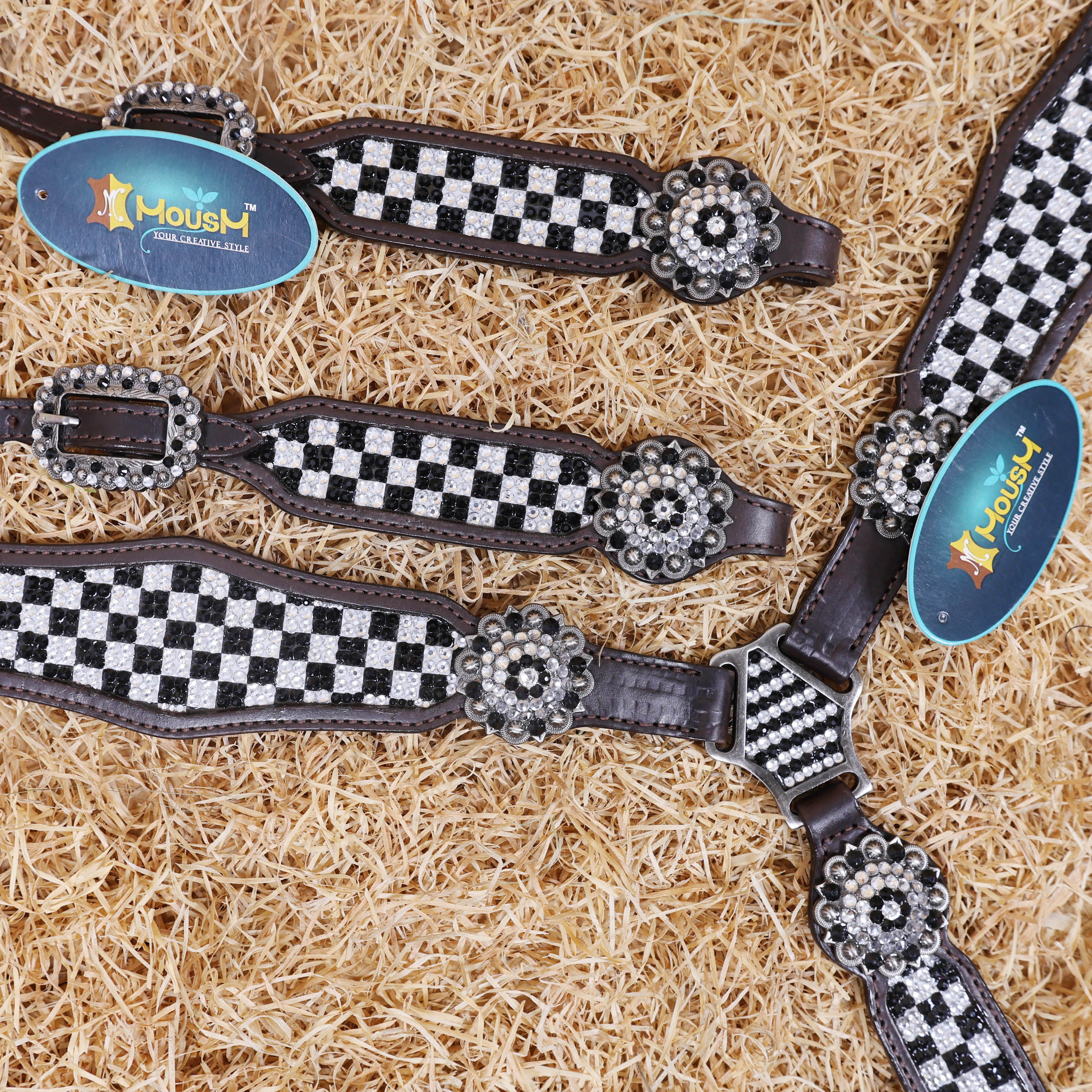 MOUSM Western Headstall and Breast Collar Set - Made with Argentina Cow Leather Decorated with Black and White Dazzle Stone Checkered Design with Bling Berry Conchos, All Antique Nickel Hardware