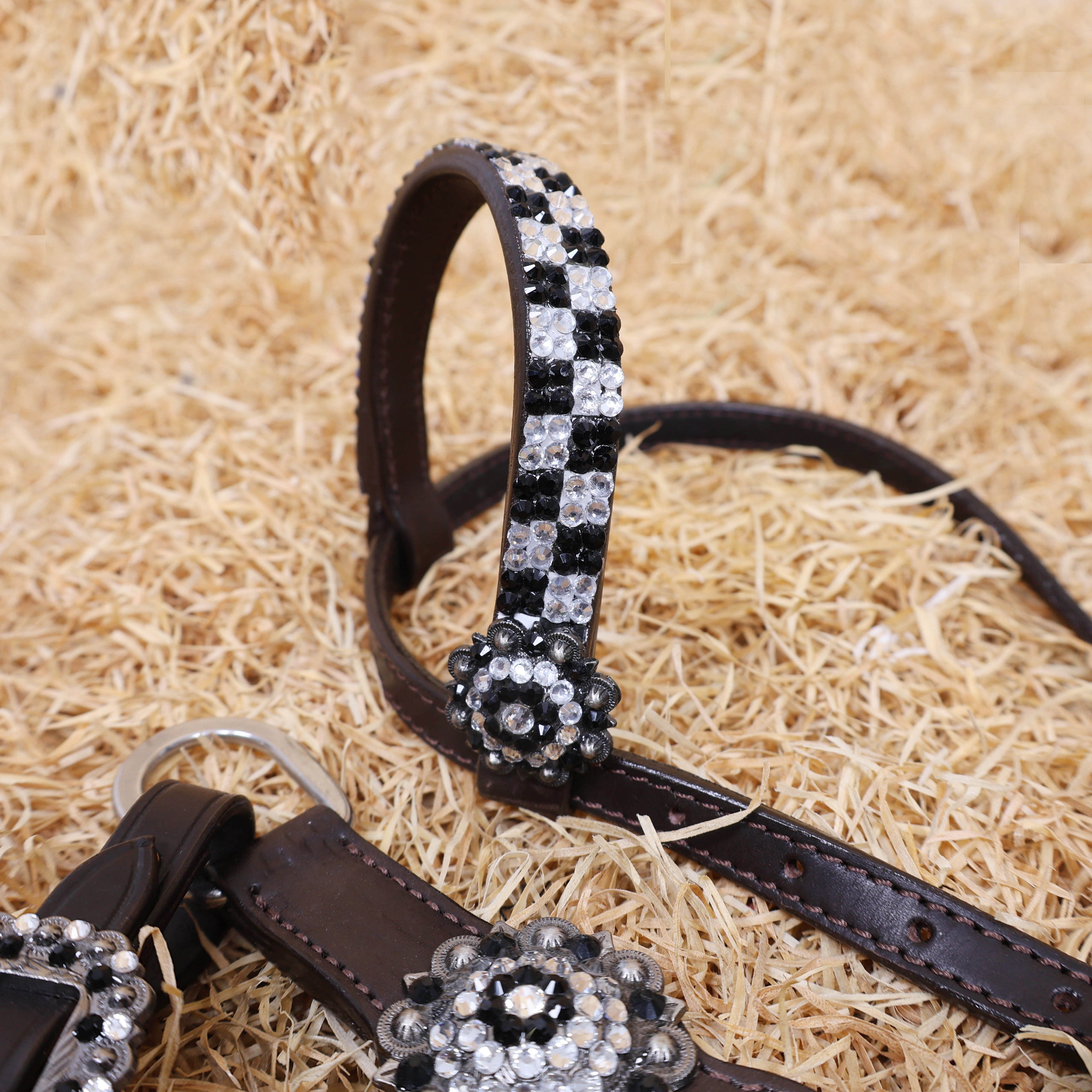 MOUSM Western Headstall and Breast Collar Set - Made with Argentina Cow Leather Decorated with Black and White Dazzle Stone Checkered Design with Bling Berry Conchos, All Antique Nickel Hardware