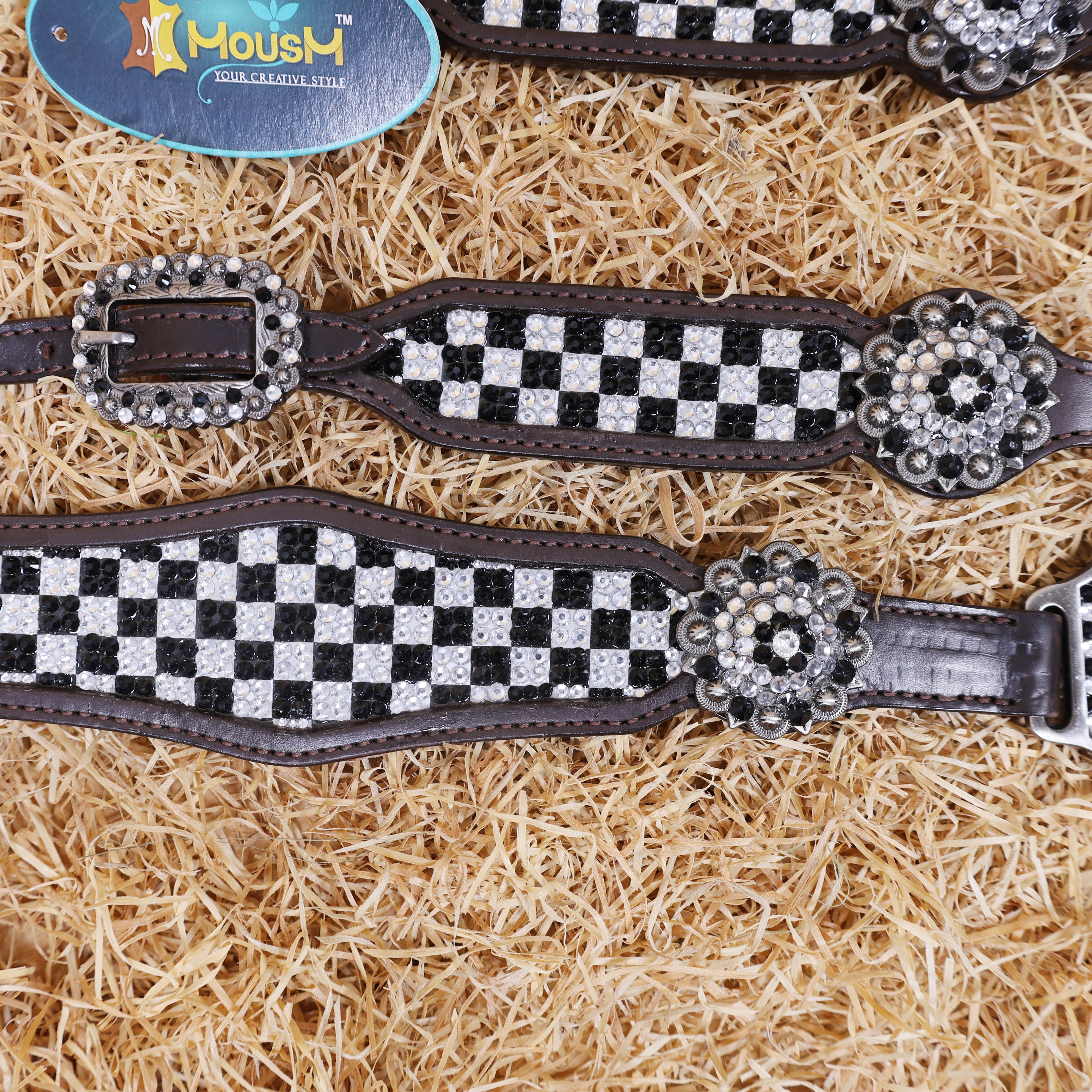 MOUSM Western Headstall and Breast Collar Set - Made with Argentina Cow Leather Decorated with Black and White Dazzle Stone Checkered Design with Bling Berry Conchos, All Antique Nickel Hardware