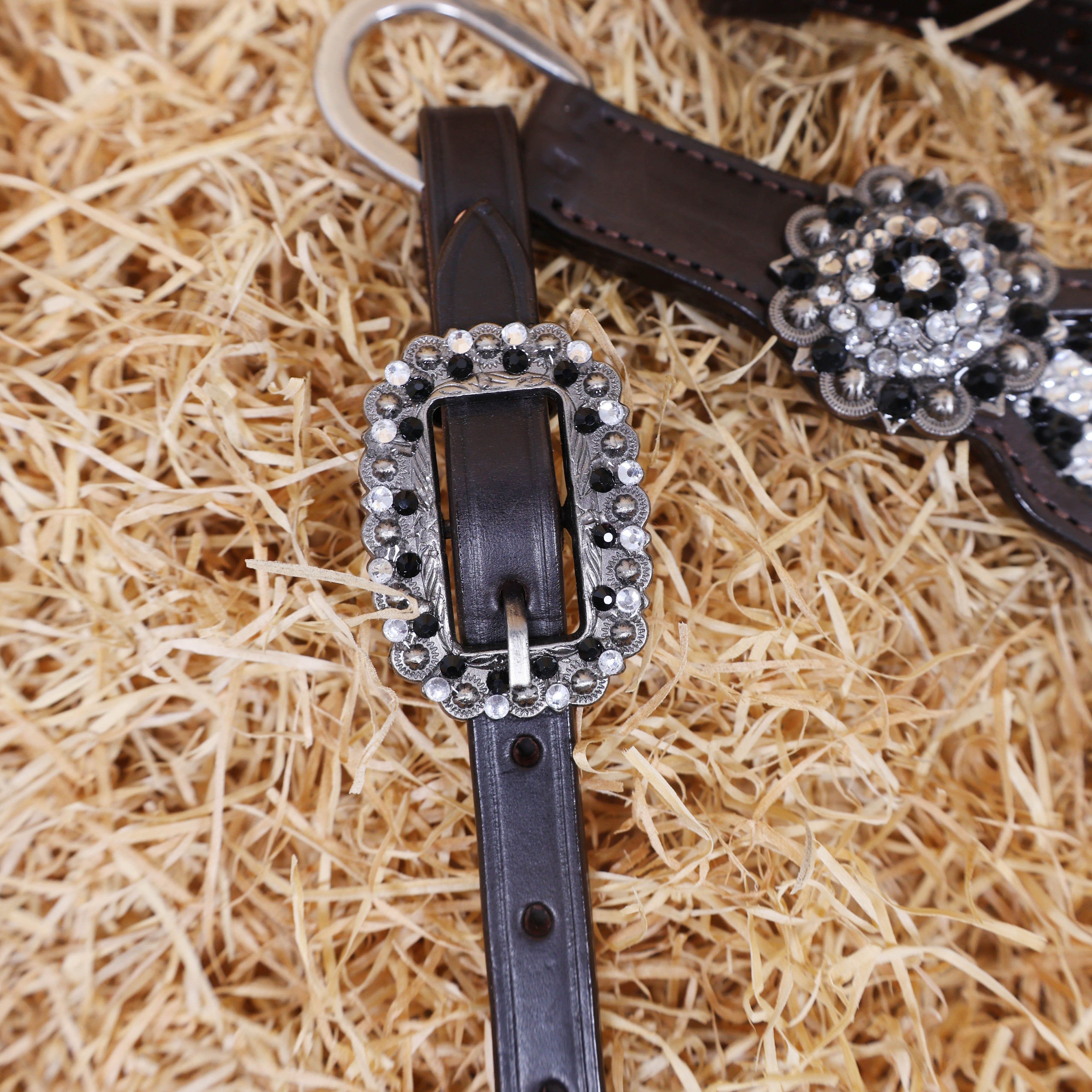 MOUSM Western Headstall and Breast Collar Set - Made with Argentina Cow Leather Decorated with Black and White Dazzle Stone Checkered Design with Bling Berry Conchos, All Antique Nickel Hardware