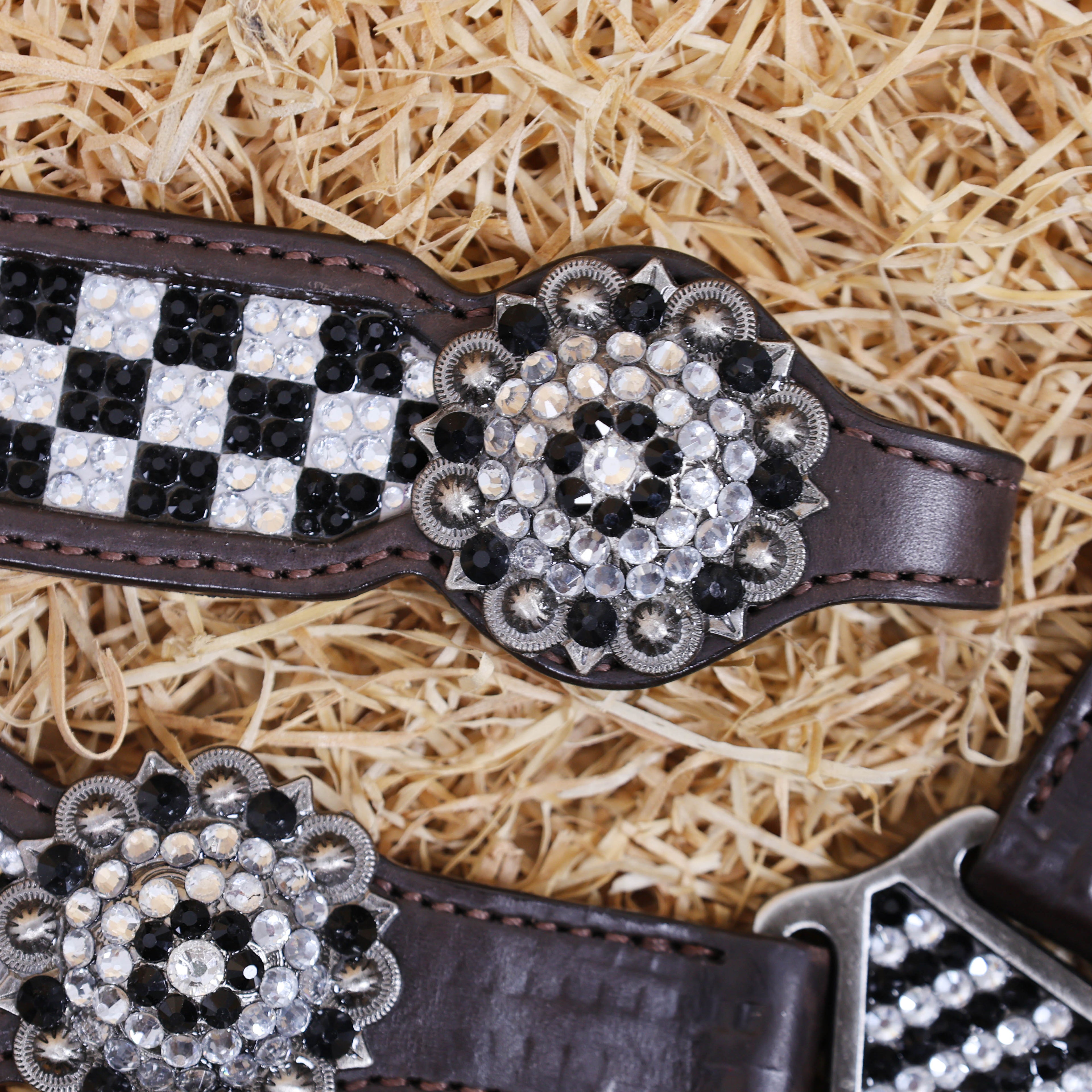 MOUSM Western Headstall and Breast Collar Set - Made with Argentina Cow Leather Decorated with Black and White Dazzle Stone Checkered Design with Bling Berry Conchos, All Antique Nickel Hardware