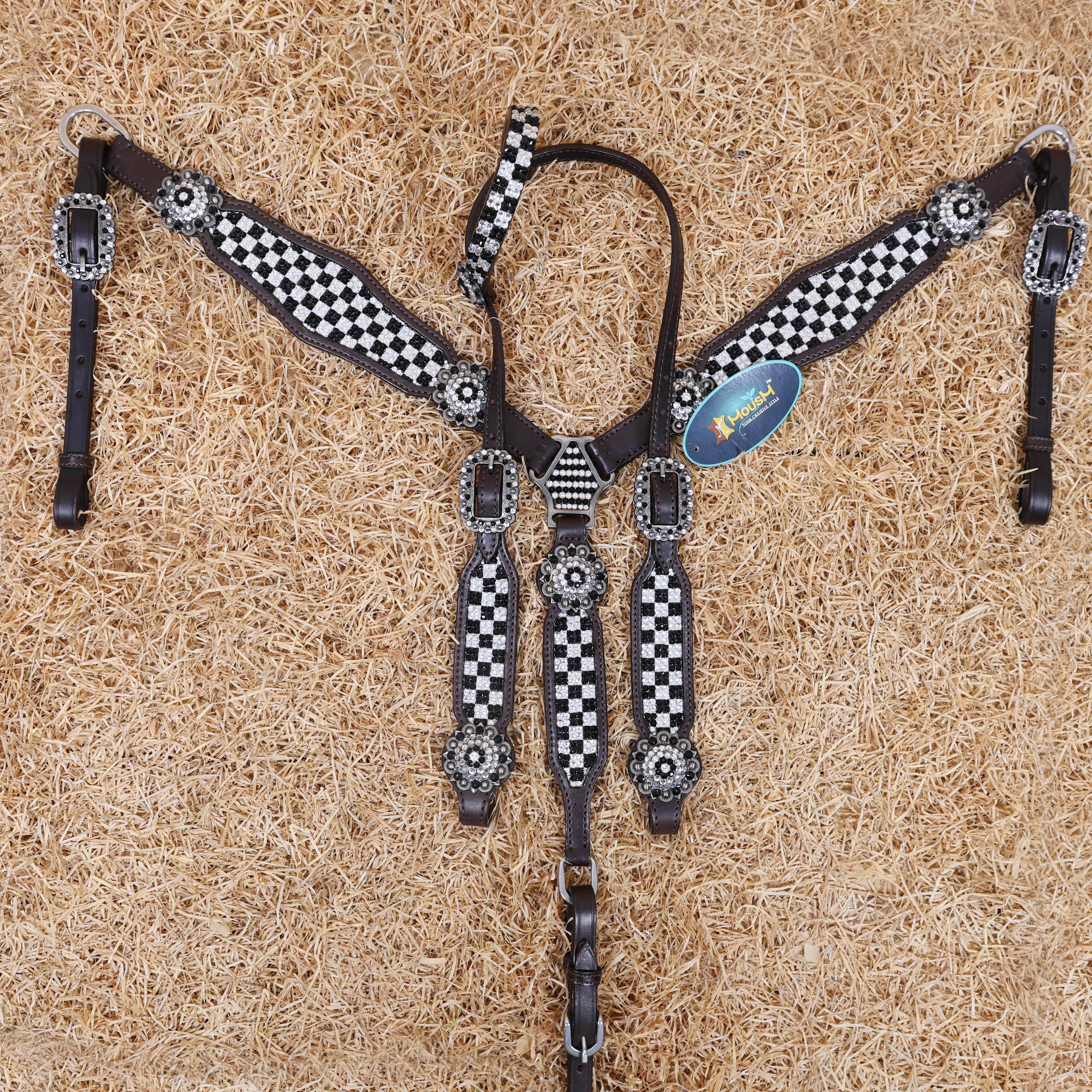MOUSM Western Headstall and Breast Collar Set - Made with Argentina Cow Leather Decorated with Black and White Dazzle Stone Checkered Design with Bling Berry Conchos, All Antique Nickel Hardware