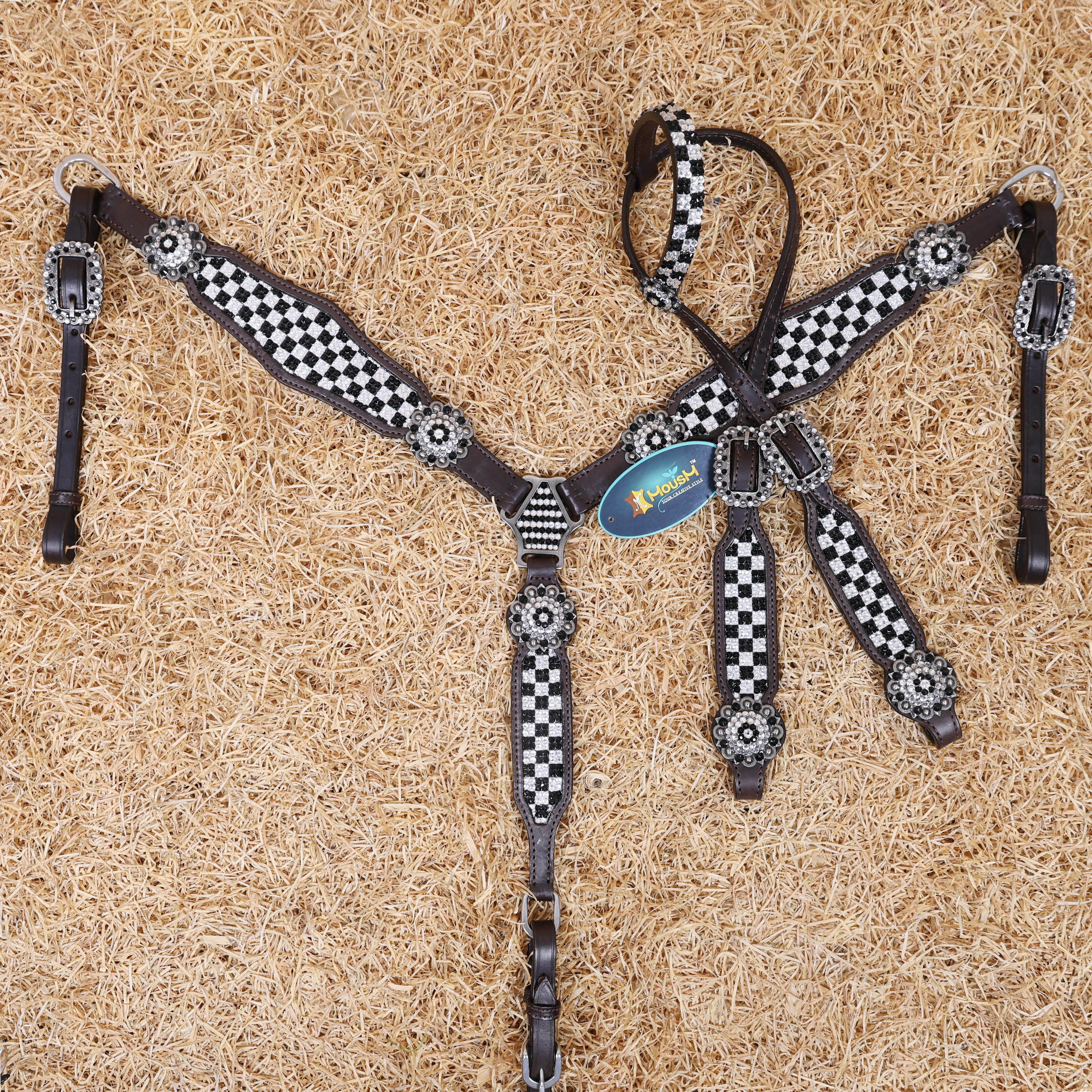 MOUSM Western Headstall and Breast Collar Set - Made with Argentina Cow Leather Decorated with Black and White Dazzle Stone Checkered Design with Bling Berry Conchos, All Antique Nickel Hardware
