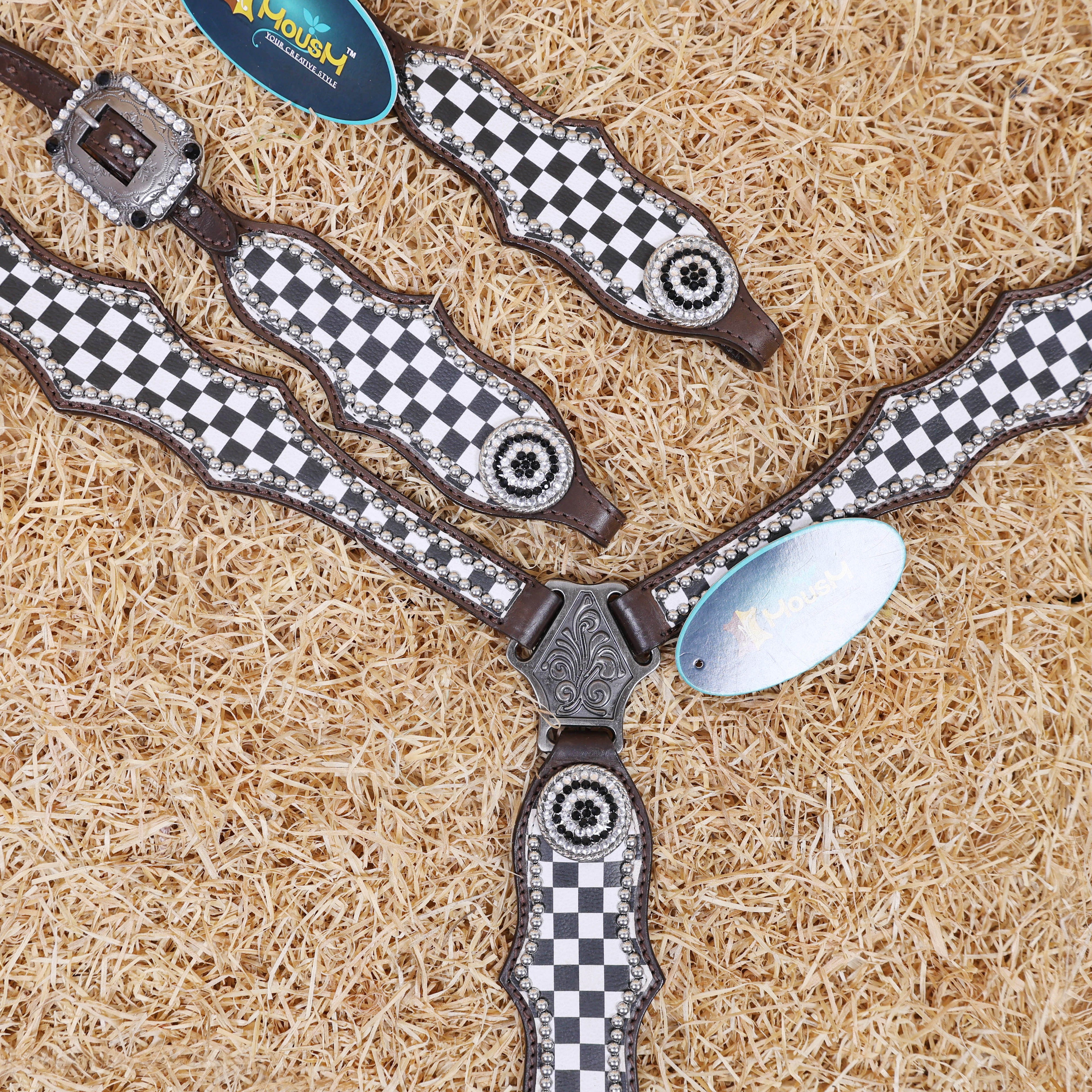 MOUSM Western Headstall Tack Set - Made from Argentina Cow Leather Decorated with Black and White Checkered Pattern and Round Rhinestone Conchos Surrounded By Sliver Studs, All Antique Nickel Hardware