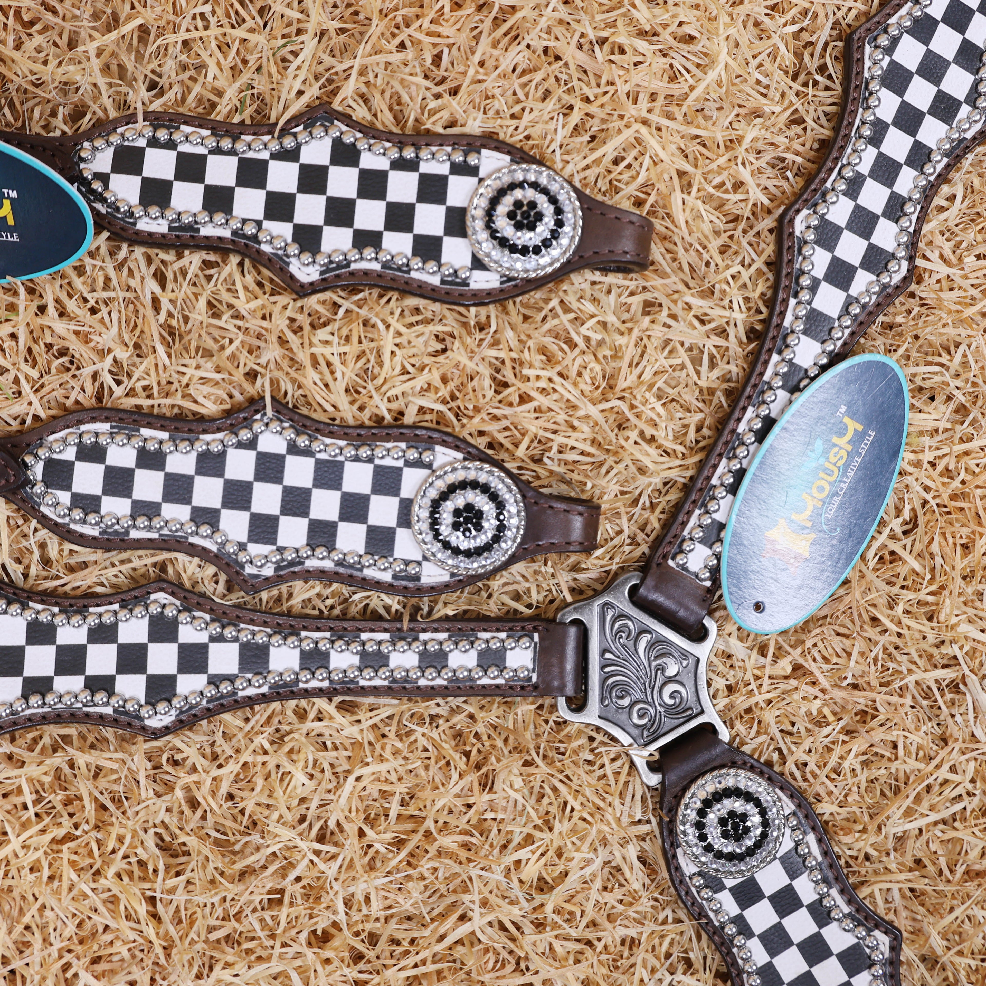 MOUSM Western Headstall Tack Set - Made from Argentina Cow Leather Decorated with Black and White Checkered Pattern and Round Rhinestone Conchos Surrounded By Sliver Studs, All Antique Nickel Hardware