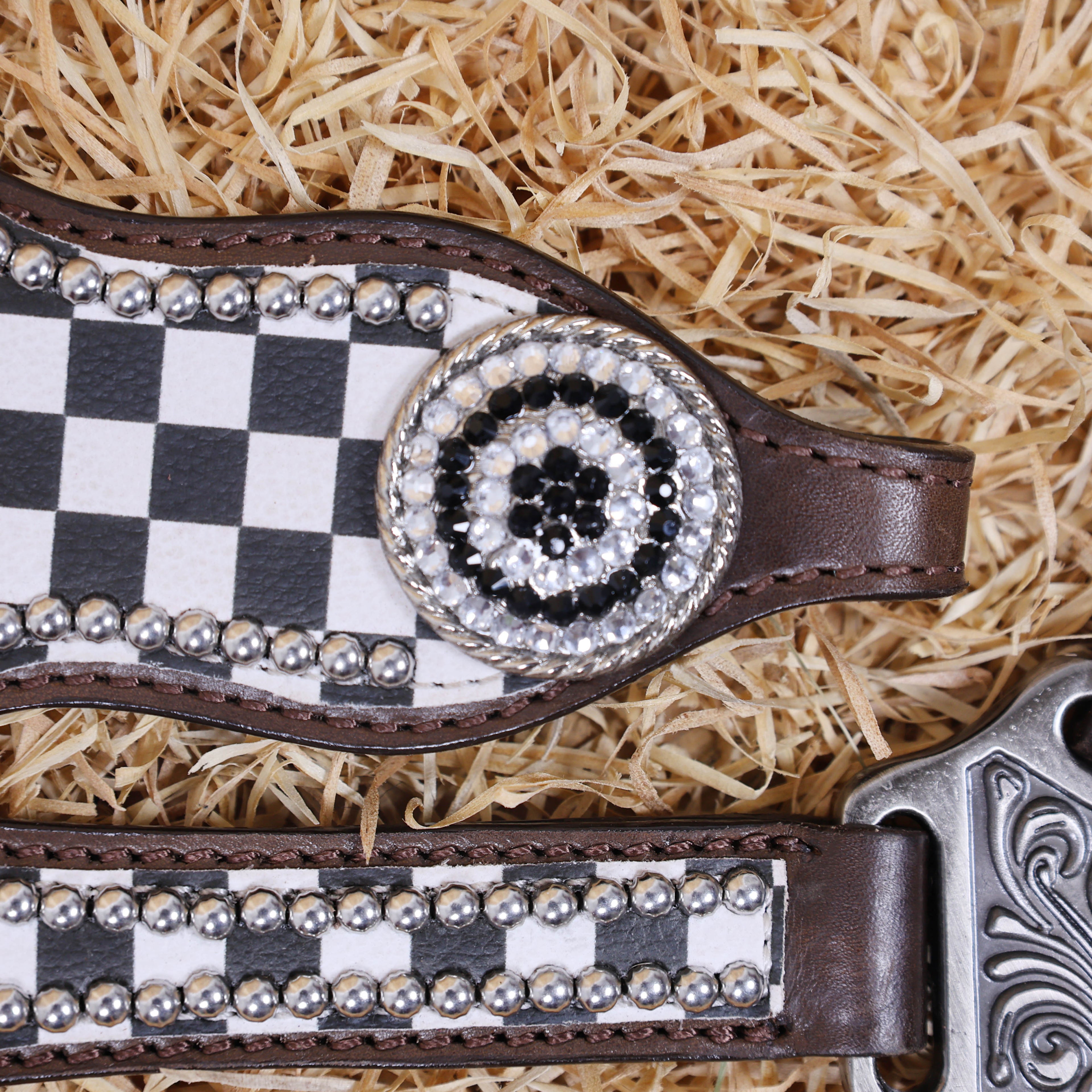 MOUSM Western Headstall Tack Set - Made from Argentina Cow Leather Decorated with Black and White Checkered Pattern and Round Rhinestone Conchos Surrounded By Sliver Studs, All Antique Nickel Hardware