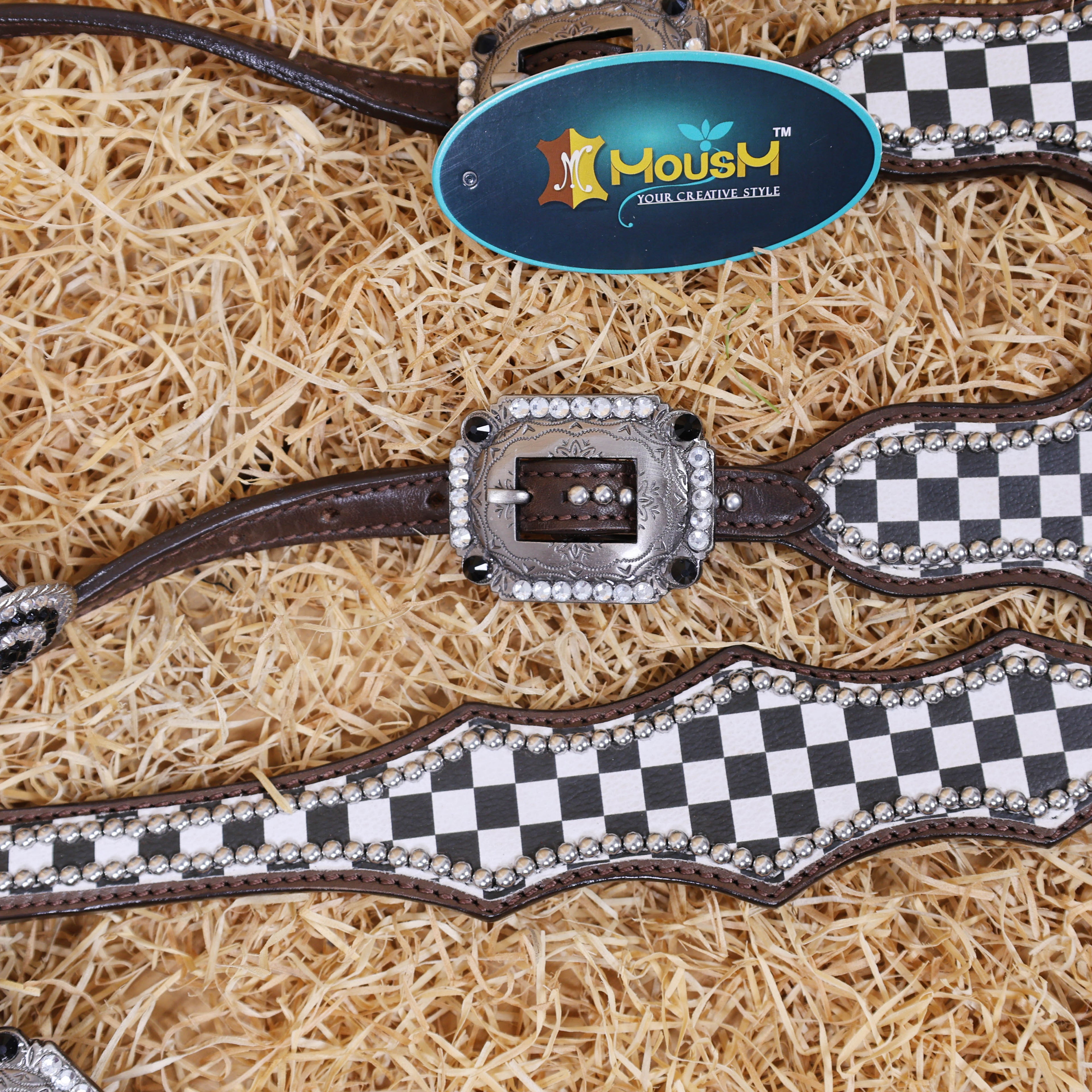 MOUSM Western Headstall Tack Set - Made from Argentina Cow Leather Decorated with Black and White Checkered Pattern and Round Rhinestone Conchos Surrounded By Sliver Studs, All Antique Nickel Hardware