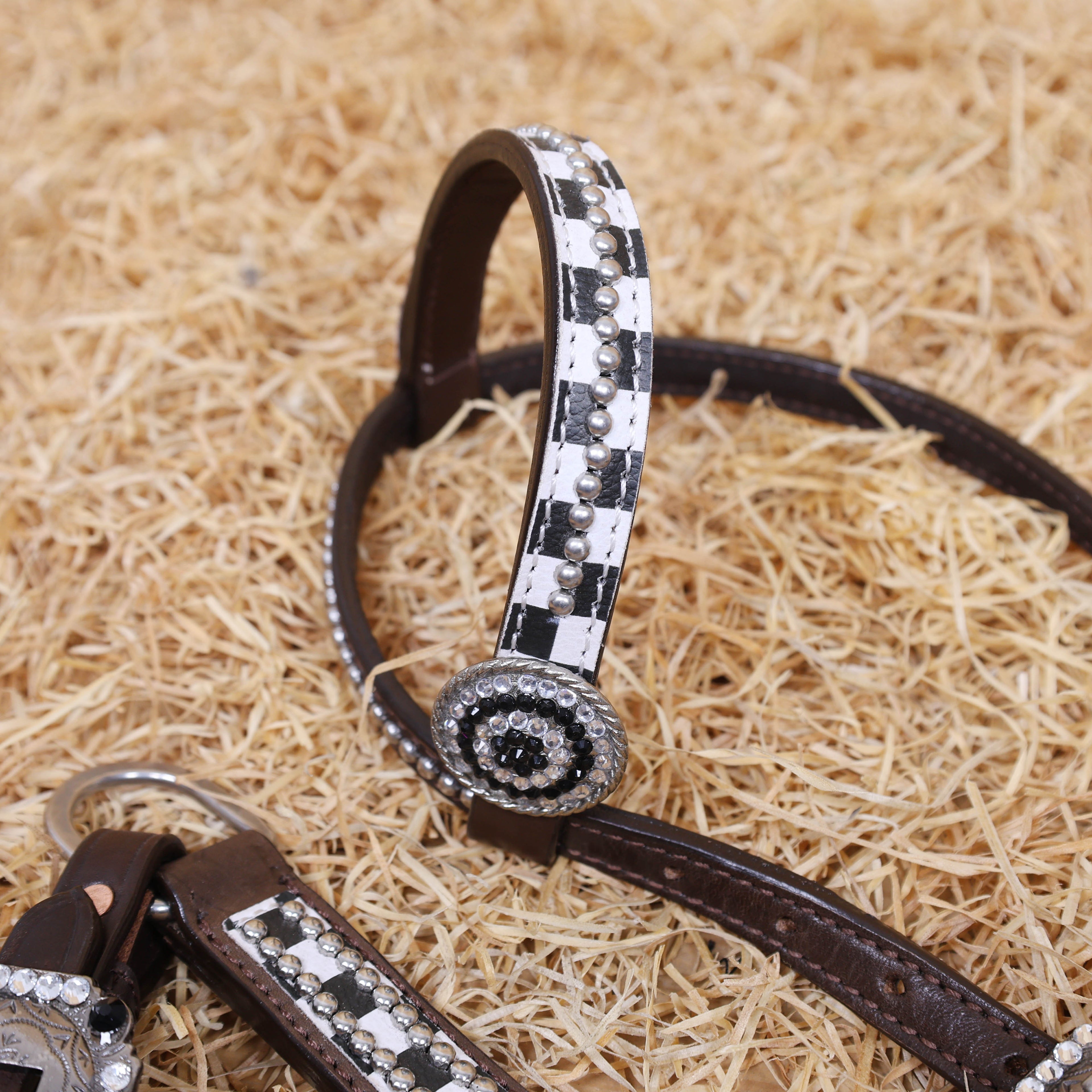 MOUSM Western Headstall Tack Set - Made from Argentina Cow Leather Decorated with Black and White Checkered Pattern and Round Rhinestone Conchos Surrounded By Sliver Studs, All Antique Nickel Hardware