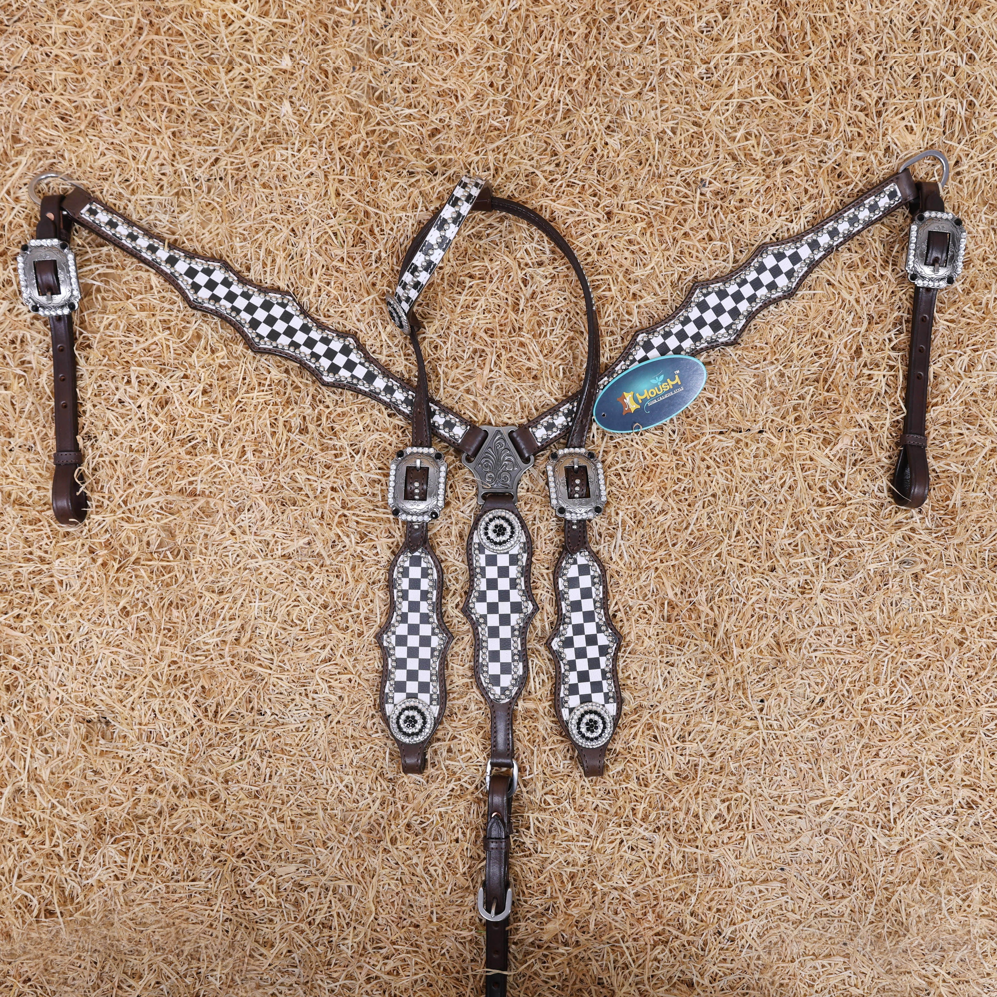 MOUSM Western Headstall Tack Set - Made from Argentina Cow Leather Decorated with Black and White Checkered Pattern and Round Rhinestone Conchos Surrounded By Sliver Studs, All Antique Nickel Hardware