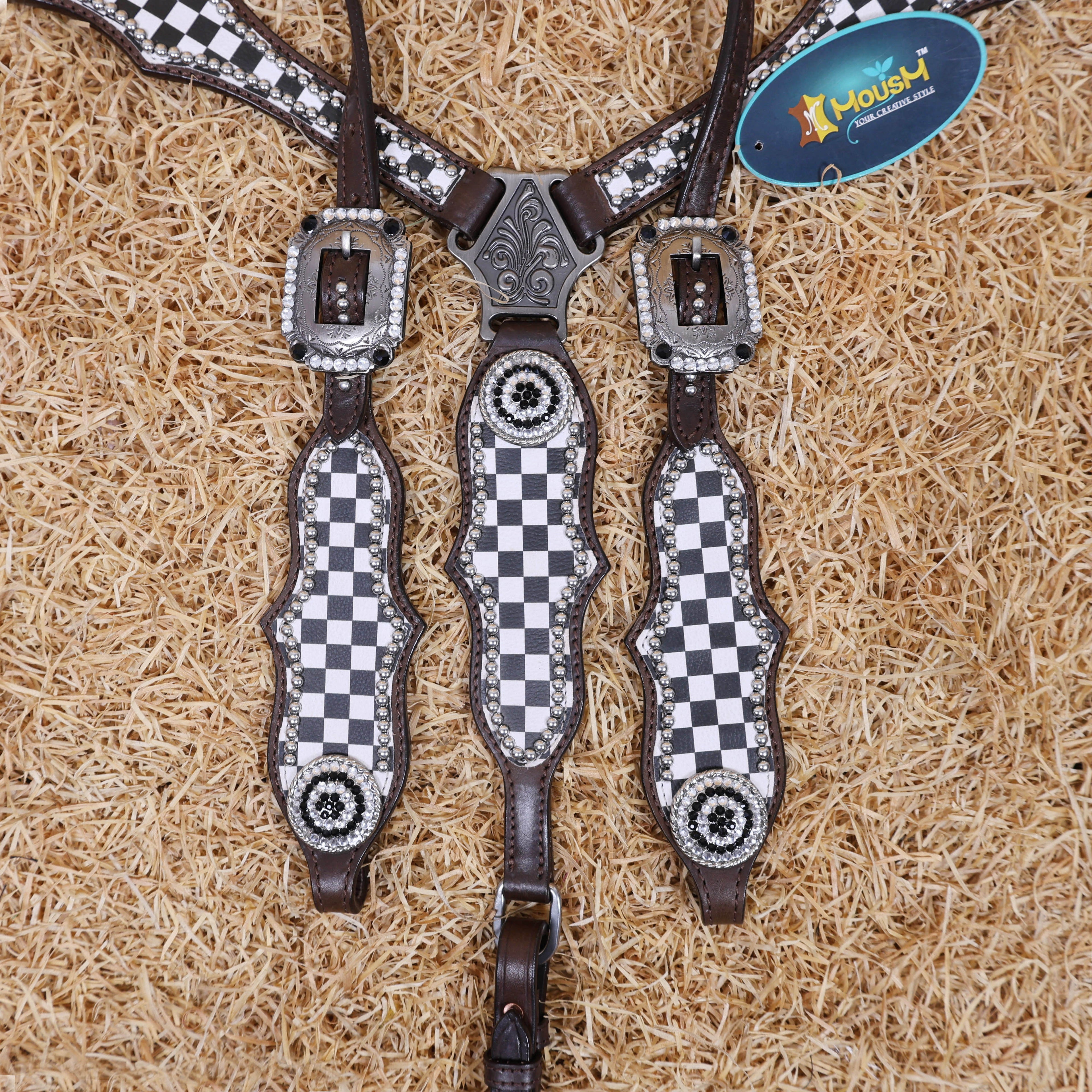 MOUSM Western Headstall Tack Set - Made from Argentina Cow Leather Decorated with Black and White Checkered Pattern and Round Rhinestone Conchos Surrounded By Sliver Studs, All Antique Nickel Hardware