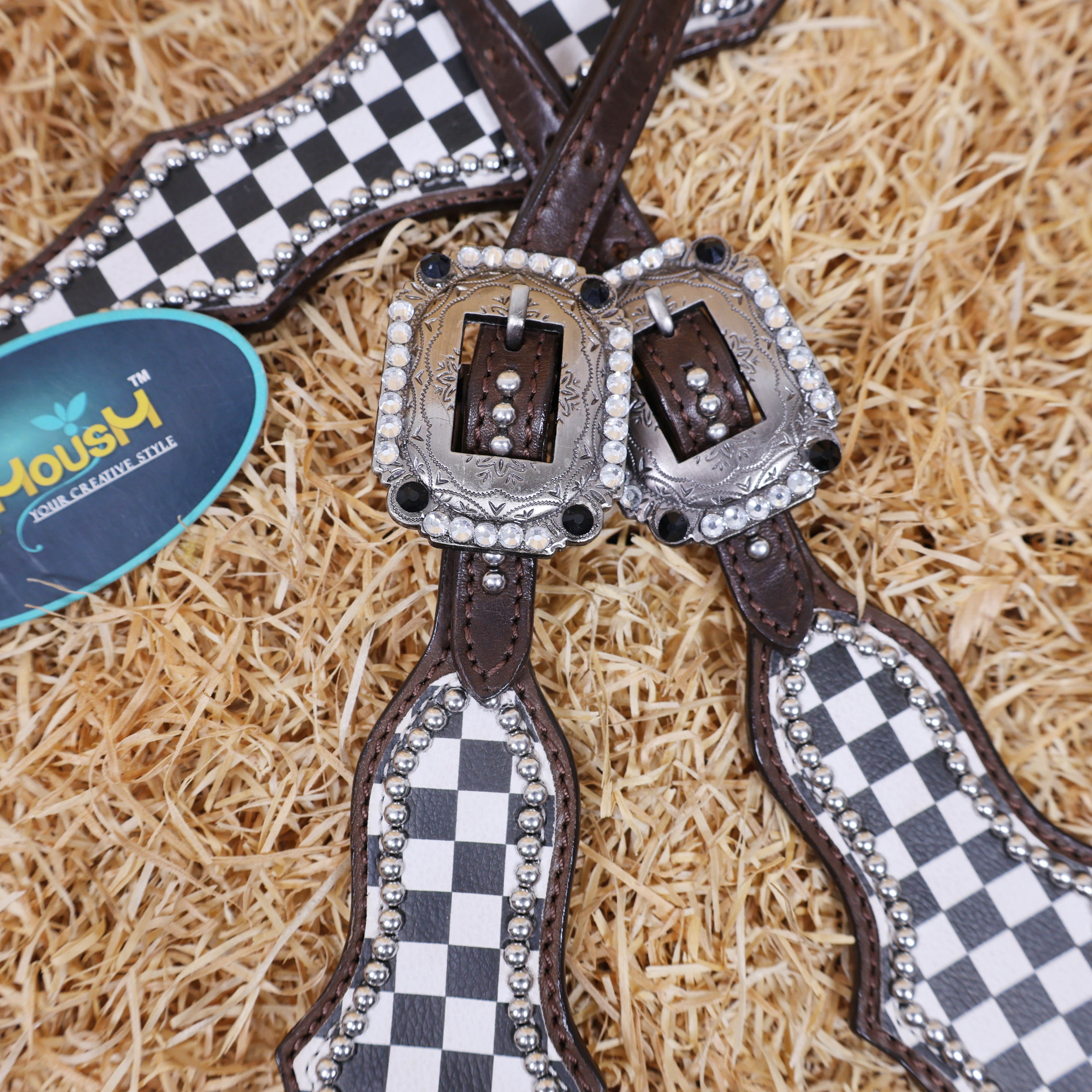 MOUSM Western Headstall Tack Set - Made from Argentina Cow Leather Decorated with Black and White Checkered Pattern and Round Rhinestone Conchos Surrounded By Sliver Studs, All Antique Nickel Hardware