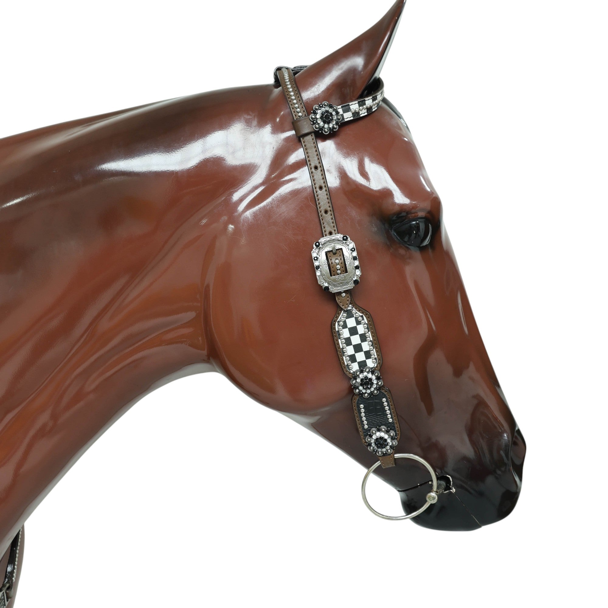 MOUSM Horse Headstall & Breast Collar Set - Made with Argentina Cow Leather, Decorated with Black Alligator Texture and Checkered Pattern with Bling Berry Conchos, Western Tack Set Surrounded by Silver Studs, All Antique Nickel Hardware