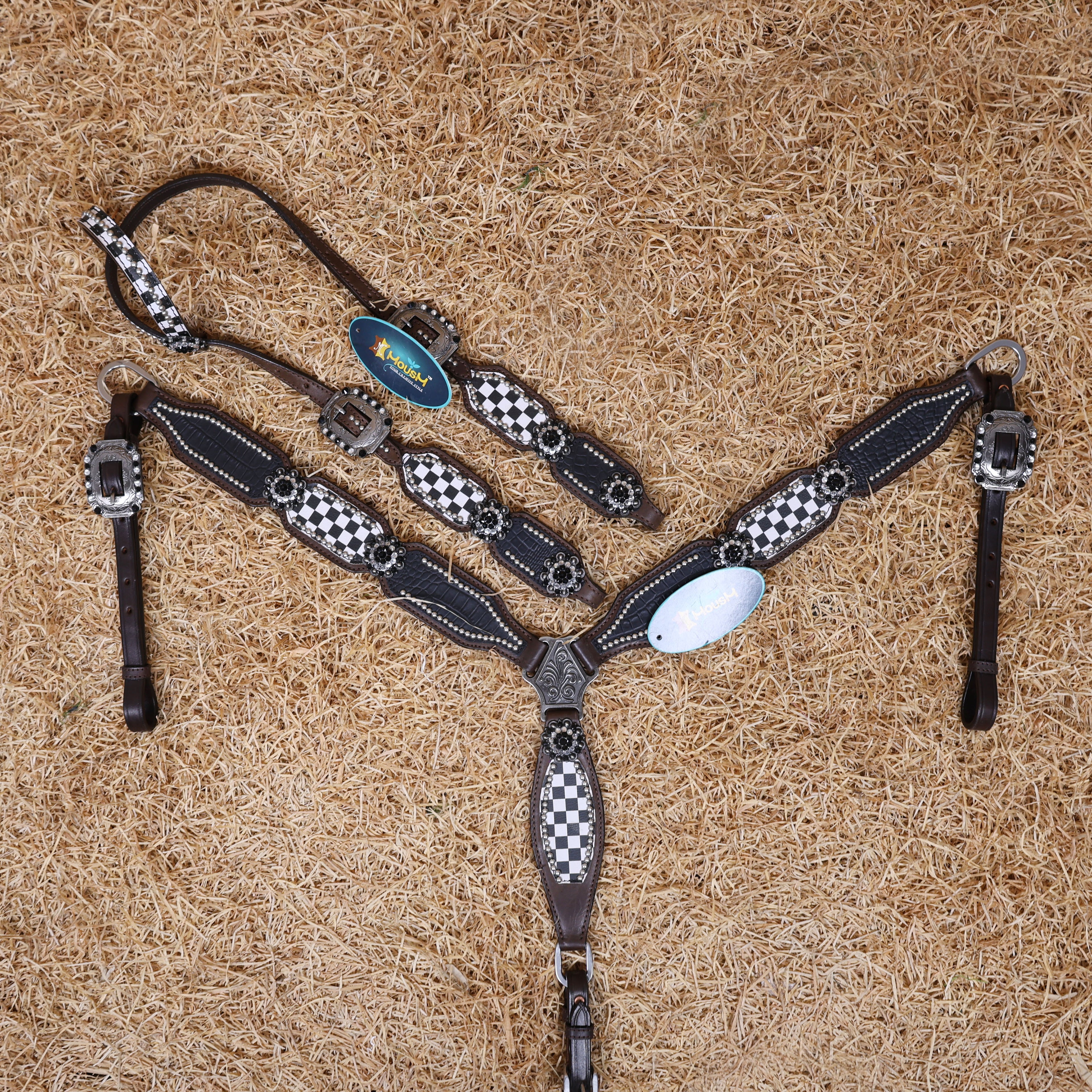 MOUSM Horse Headstall & Breast Collar Set - Made with Argentina Cow Leather, Decorated with Black Alligator Texture and Checkered Pattern with Bling Berry Conchos, Western Tack Set Surrounded by Silver Studs, All Antique Nickel Hardware