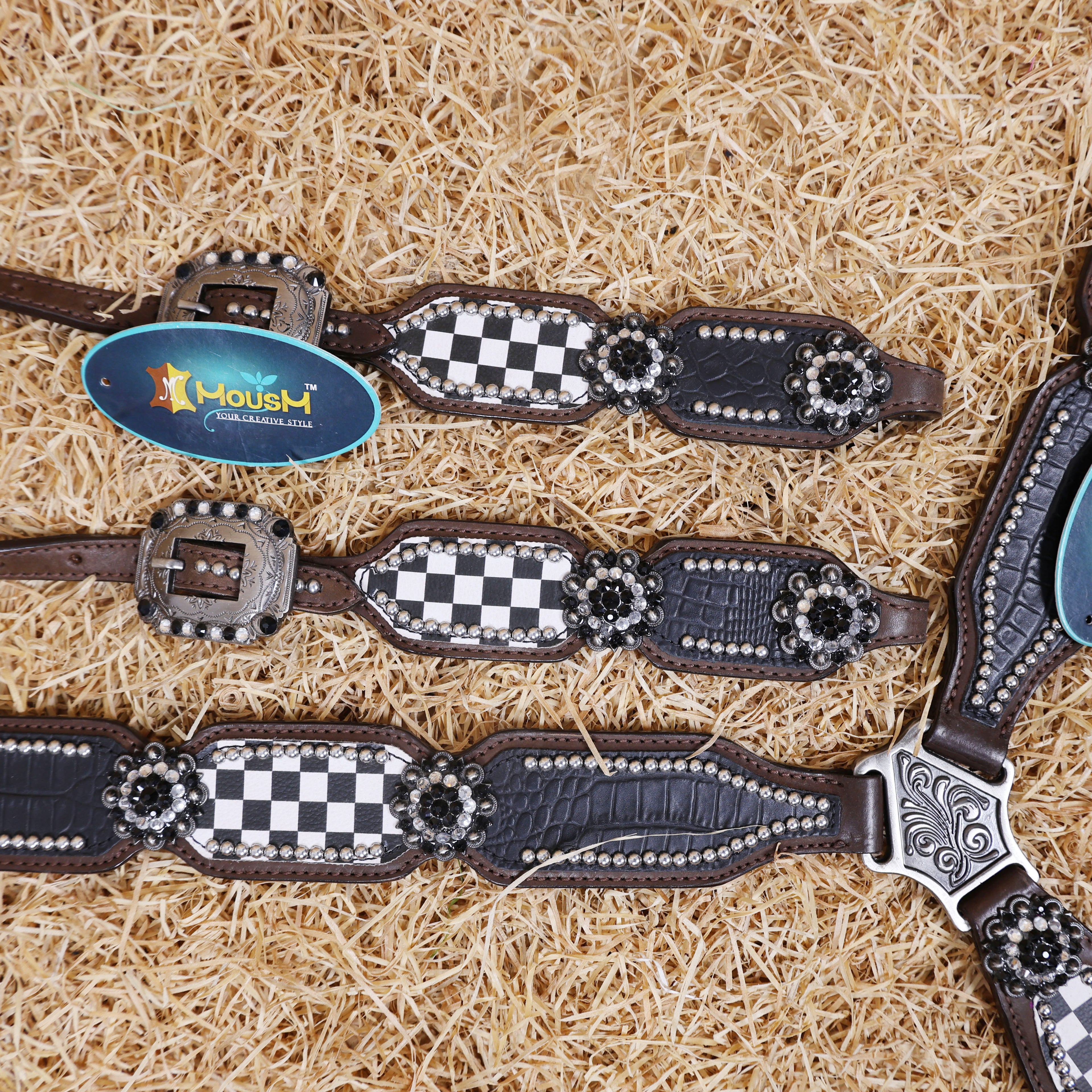 MOUSM Horse Headstall & Breast Collar Set - Made with Argentina Cow Leather, Decorated with Black Alligator Texture and Checkered Pattern with Bling Berry Conchos, Western Tack Set Surrounded by Silver Studs, All Antique Nickel Hardware