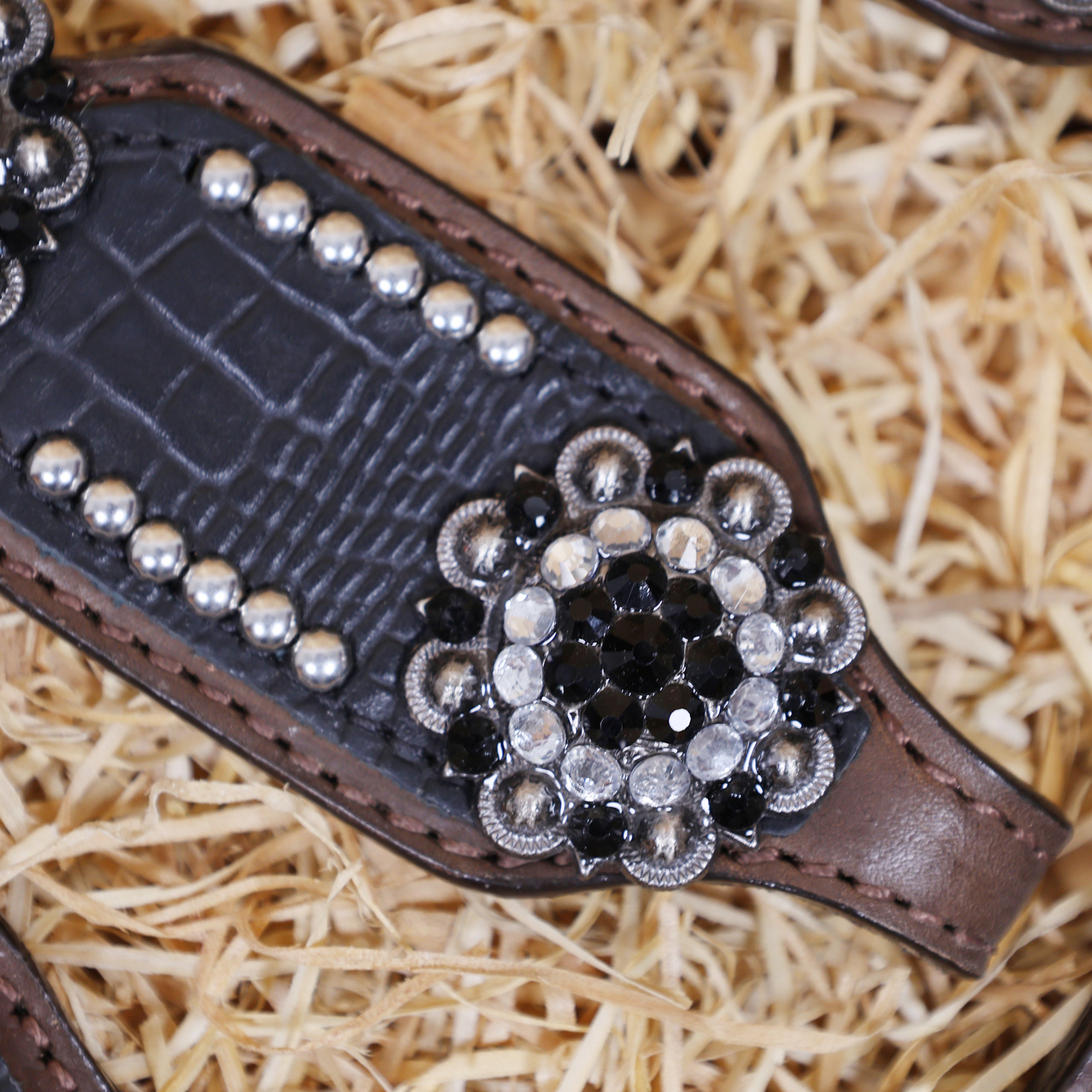 MOUSM Horse Headstall & Breast Collar Set - Made with Argentina Cow Leather, Decorated with Black Alligator Texture and Checkered Pattern with Bling Berry Conchos, Western Tack Set Surrounded by Silver Studs, All Antique Nickel Hardware