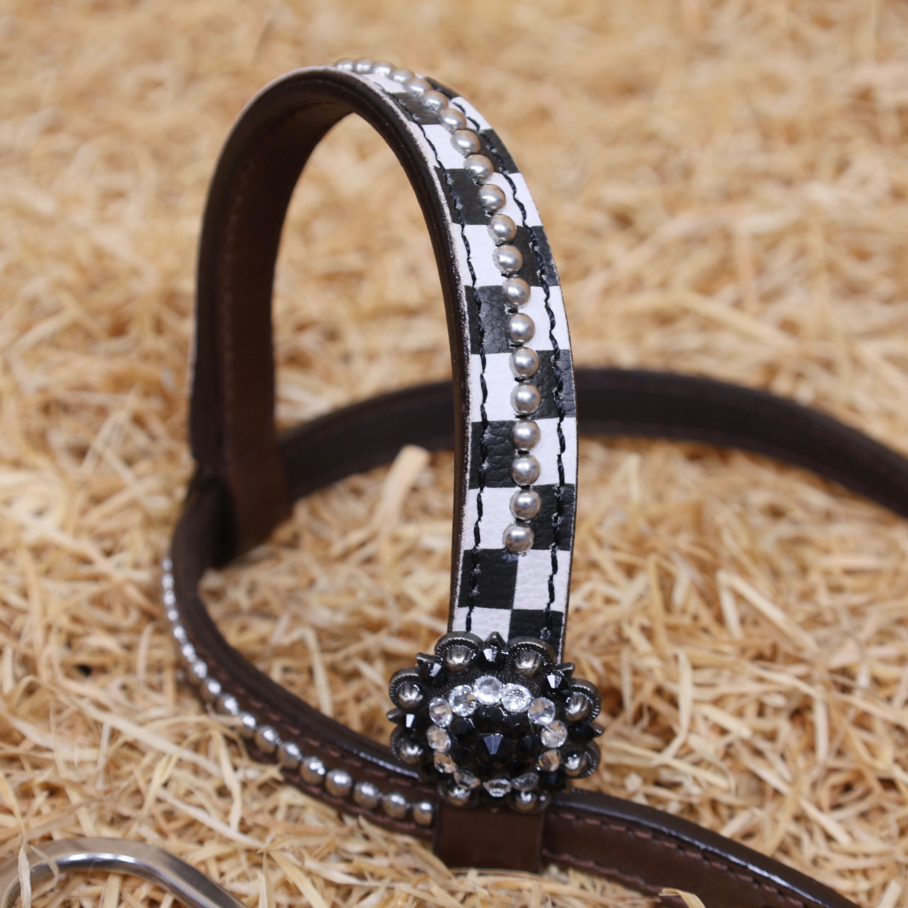 MOUSM Horse Headstall & Breast Collar Set - Made with Argentina Cow Leather, Decorated with Black Alligator Texture and Checkered Pattern with Bling Berry Conchos, Western Tack Set Surrounded by Silver Studs, All Antique Nickel Hardware