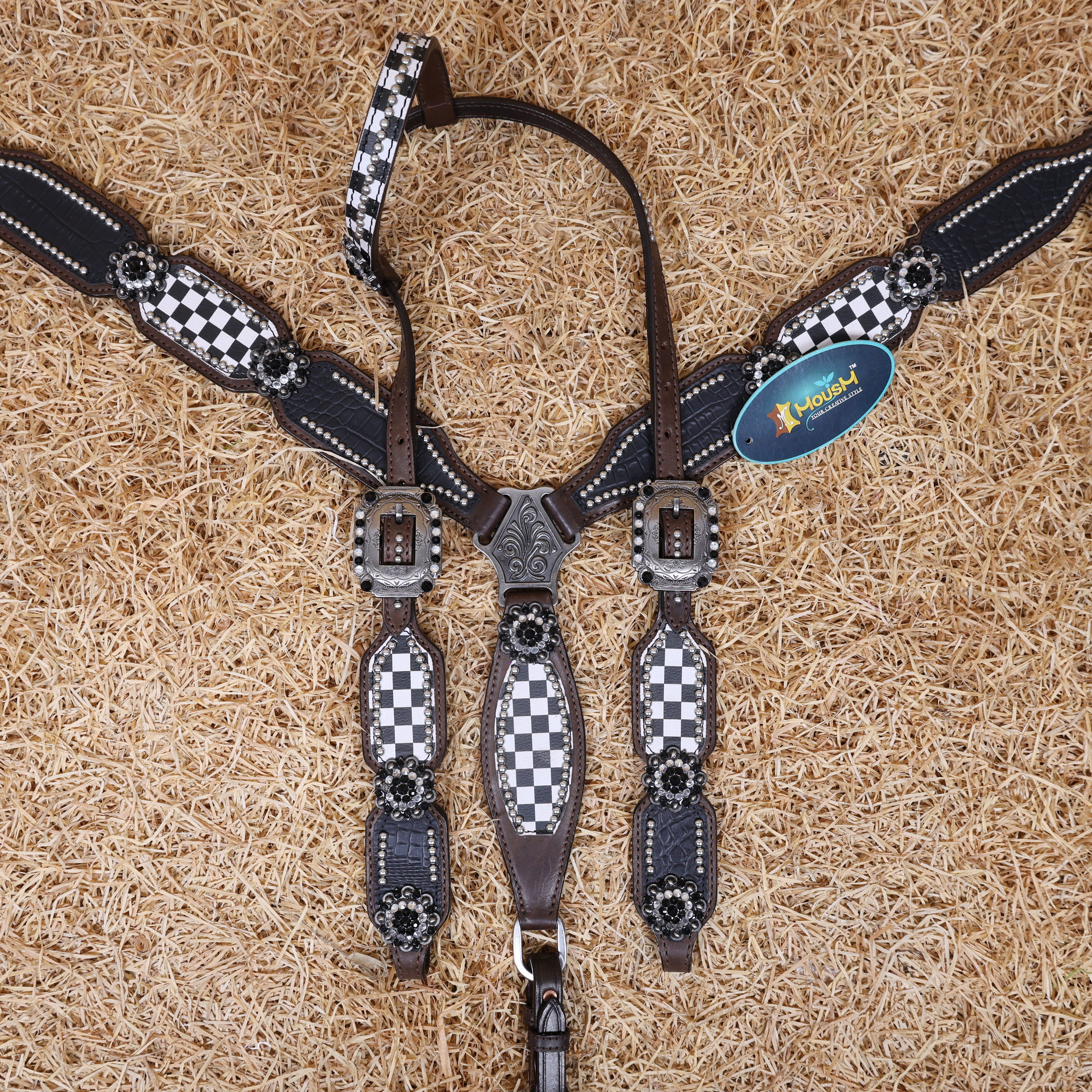 MOUSM Horse Headstall & Breast Collar Set - Made with Argentina Cow Leather, Decorated with Black Alligator Texture and Checkered Pattern with Bling Berry Conchos, Western Tack Set Surrounded by Silver Studs, All Antique Nickel Hardware