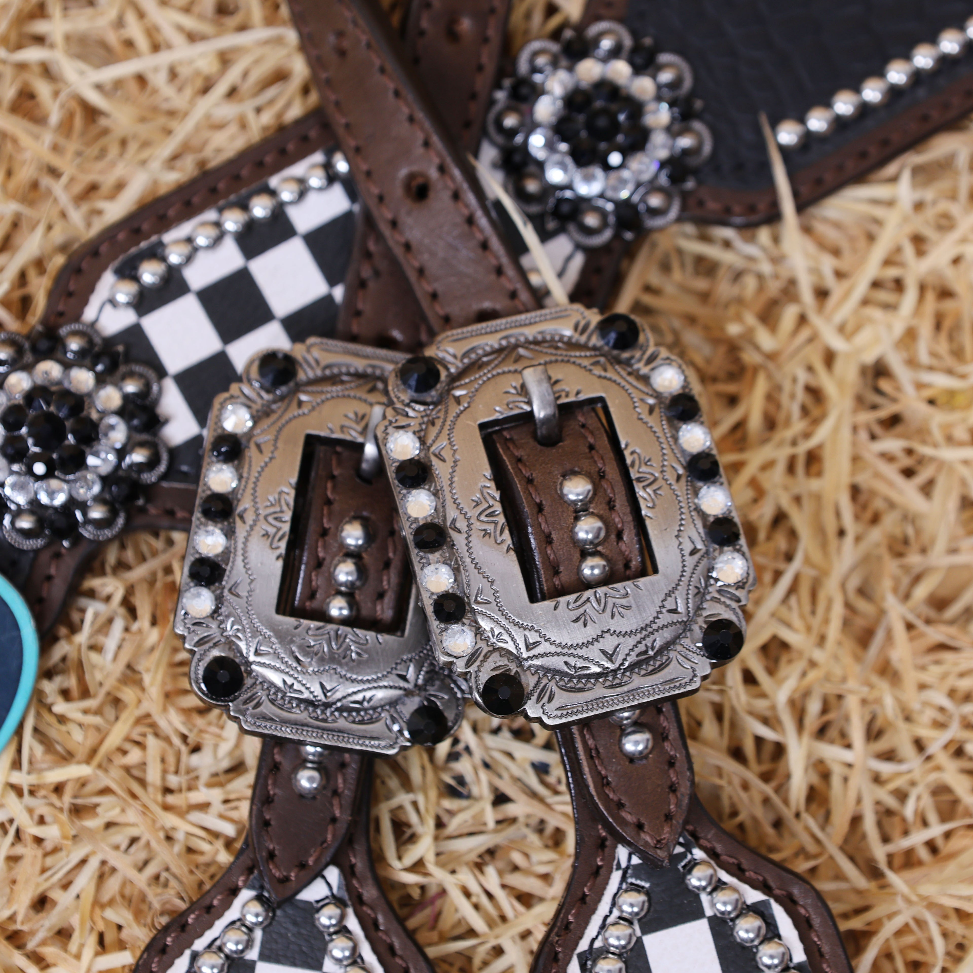 MOUSM Horse Headstall & Breast Collar Set - Made with Argentina Cow Leather, Decorated with Black Alligator Texture and Checkered Pattern with Bling Berry Conchos, Western Tack Set Surrounded by Silver Studs, All Antique Nickel Hardware