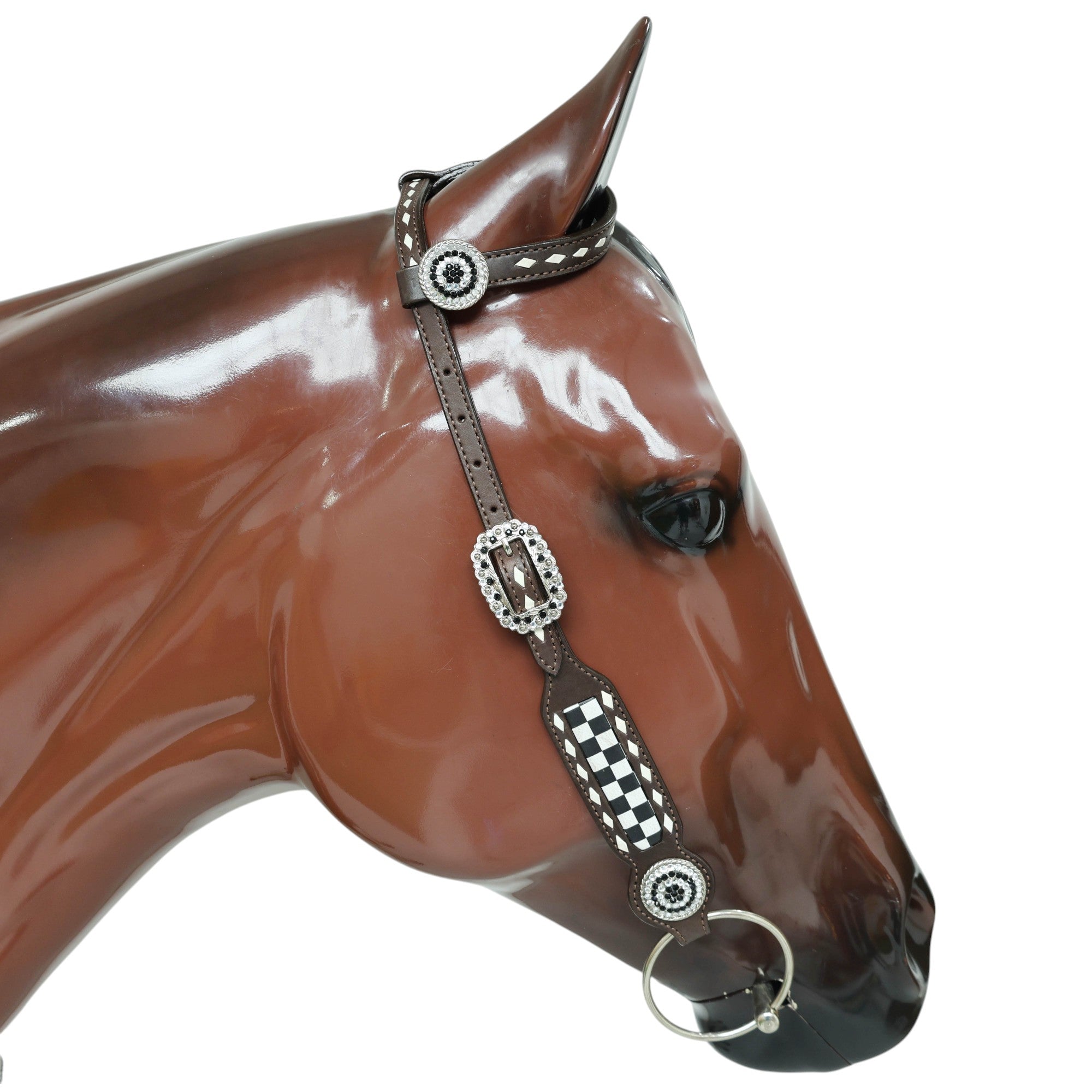 MOUSM Western Headstall & Breast Collar Set – Decorated With Black And White Checkered Pattern, Buck Stitching and Dazzling Round Conchos, All Antique Nickel Hardware