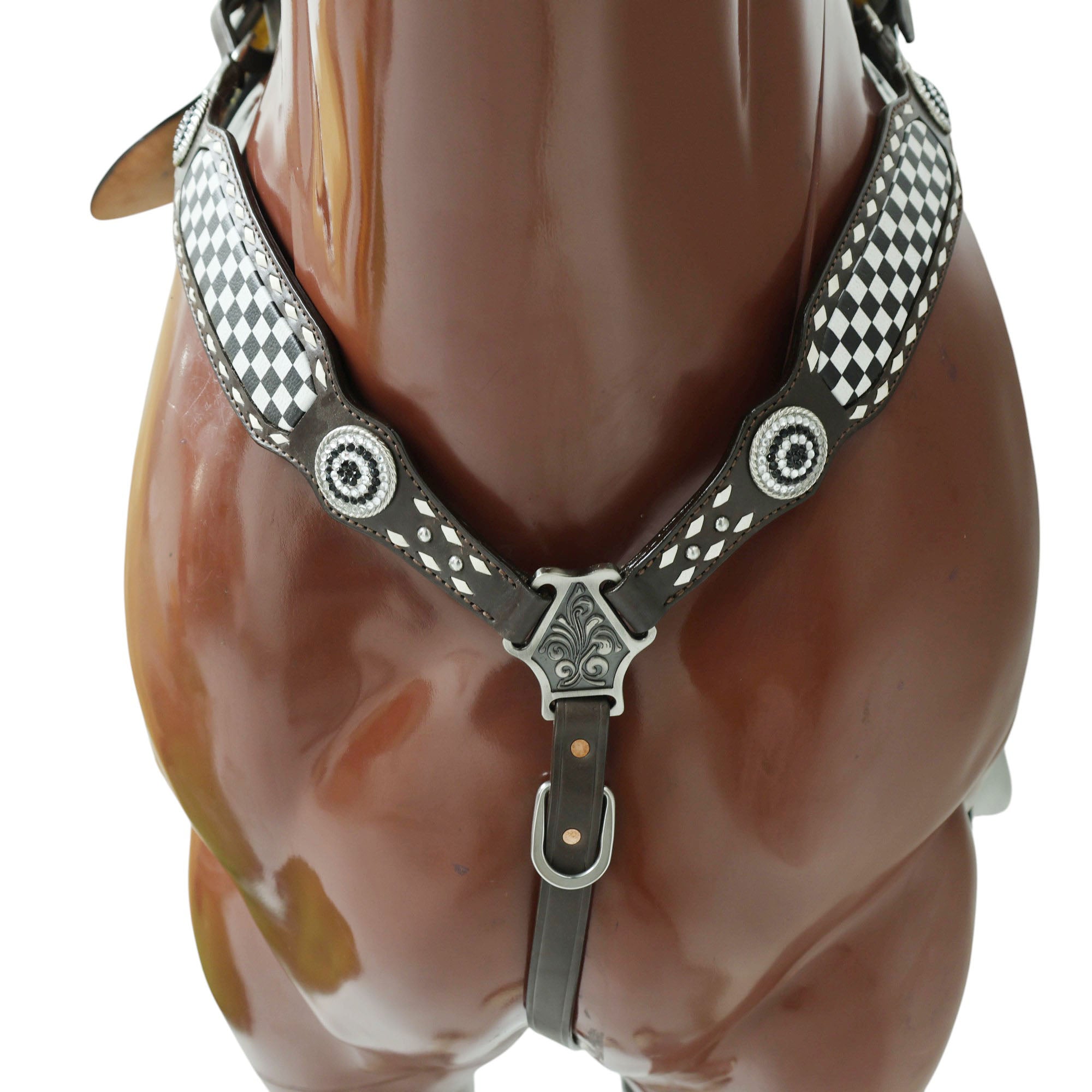 MOUSM Western Headstall & Breast Collar Set – Decorated With Black And White Checkered Pattern, Buck Stitching and Dazzling Round Conchos, All Antique Nickel Hardware