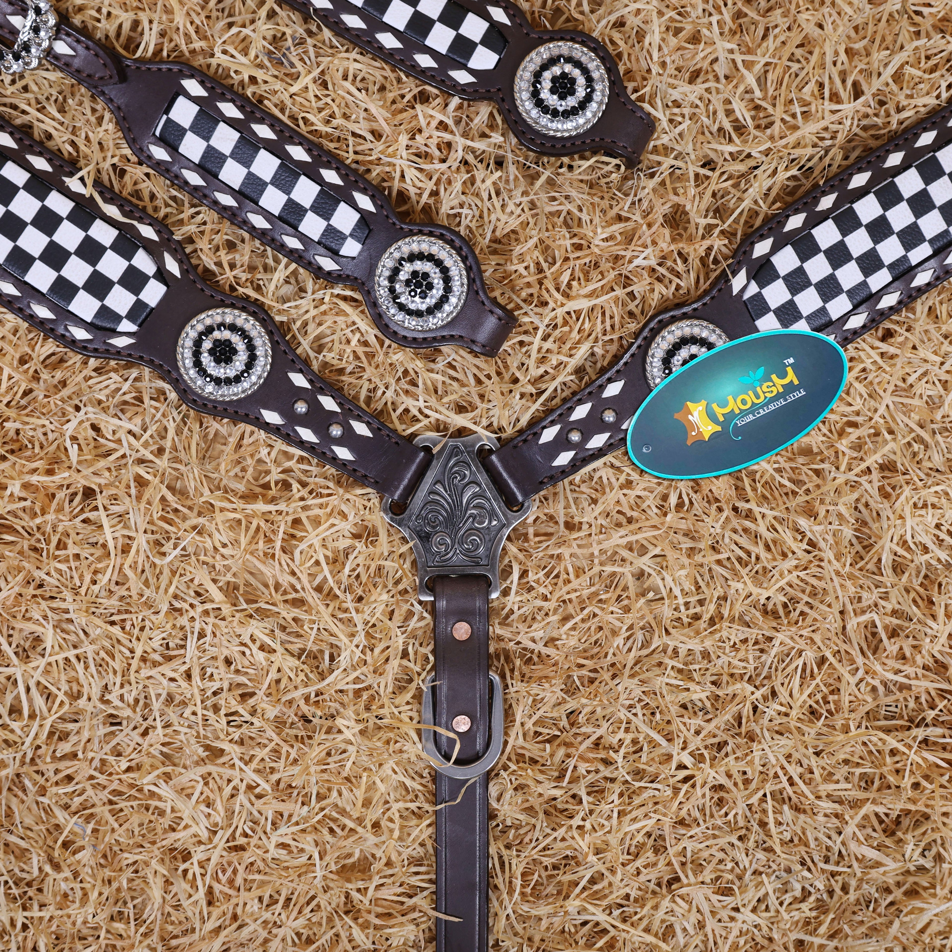 MOUSM Western Headstall & Breast Collar Set – Decorated With Black And White Checkered Pattern, Buck Stitching and Dazzling Round Conchos, All Antique Nickel Hardware