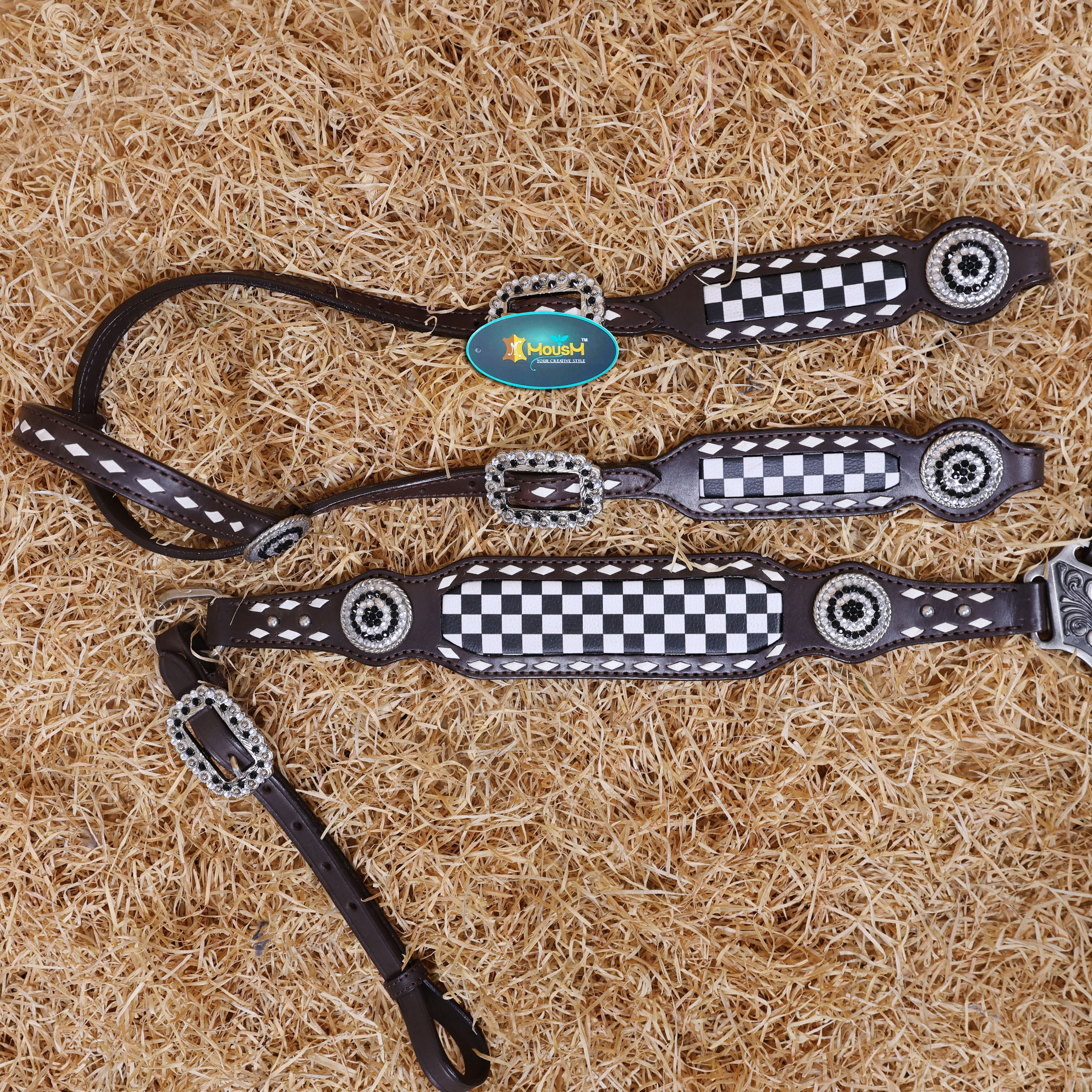 MOUSM Western Headstall & Breast Collar Set – Decorated With Black And White Checkered Pattern, Buck Stitching and Dazzling Round Conchos, All Antique Nickel Hardware