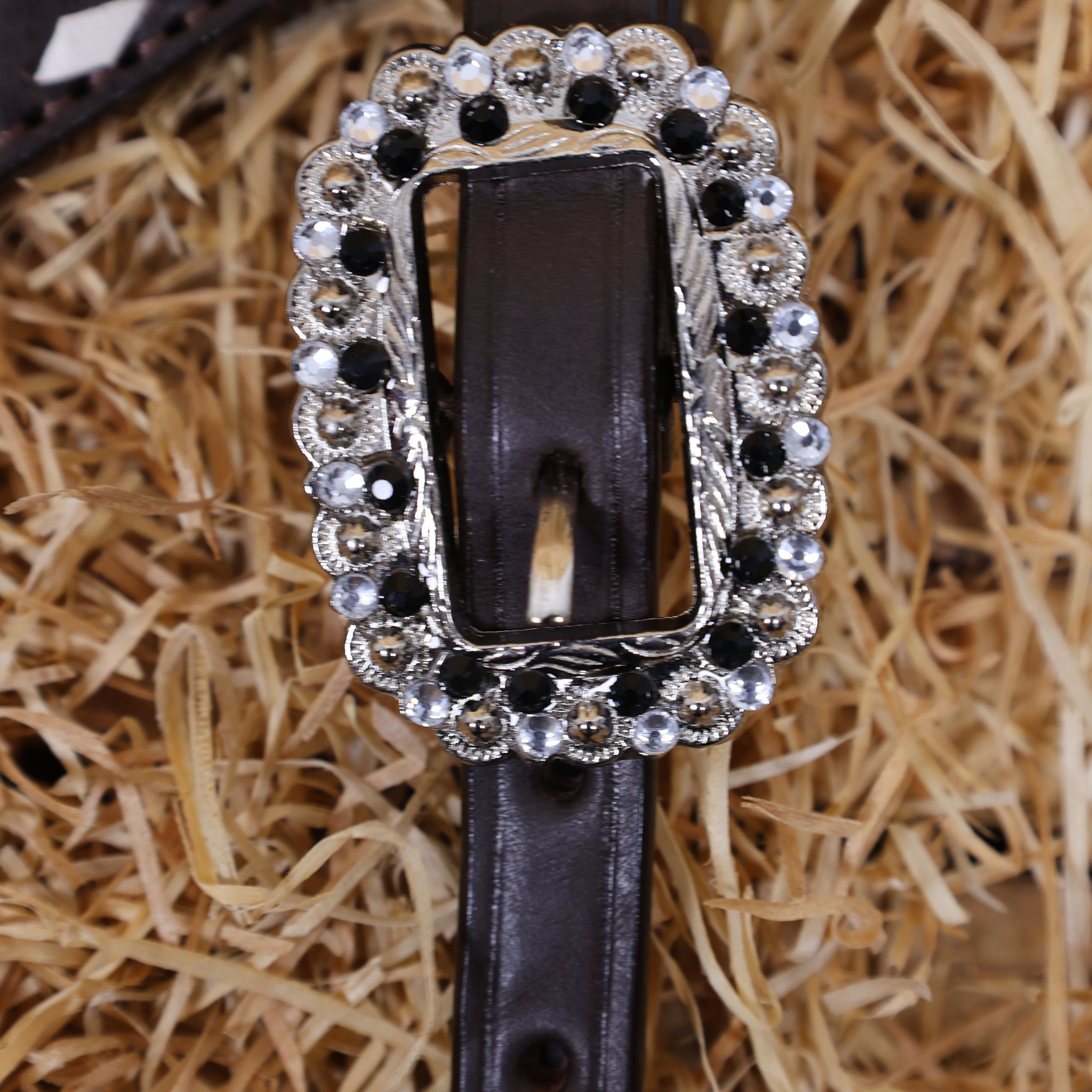 MOUSM Western Headstall & Breast Collar Set – Decorated With Black And White Checkered Pattern, Buck Stitching and Dazzling Round Conchos, All Antique Nickel Hardware