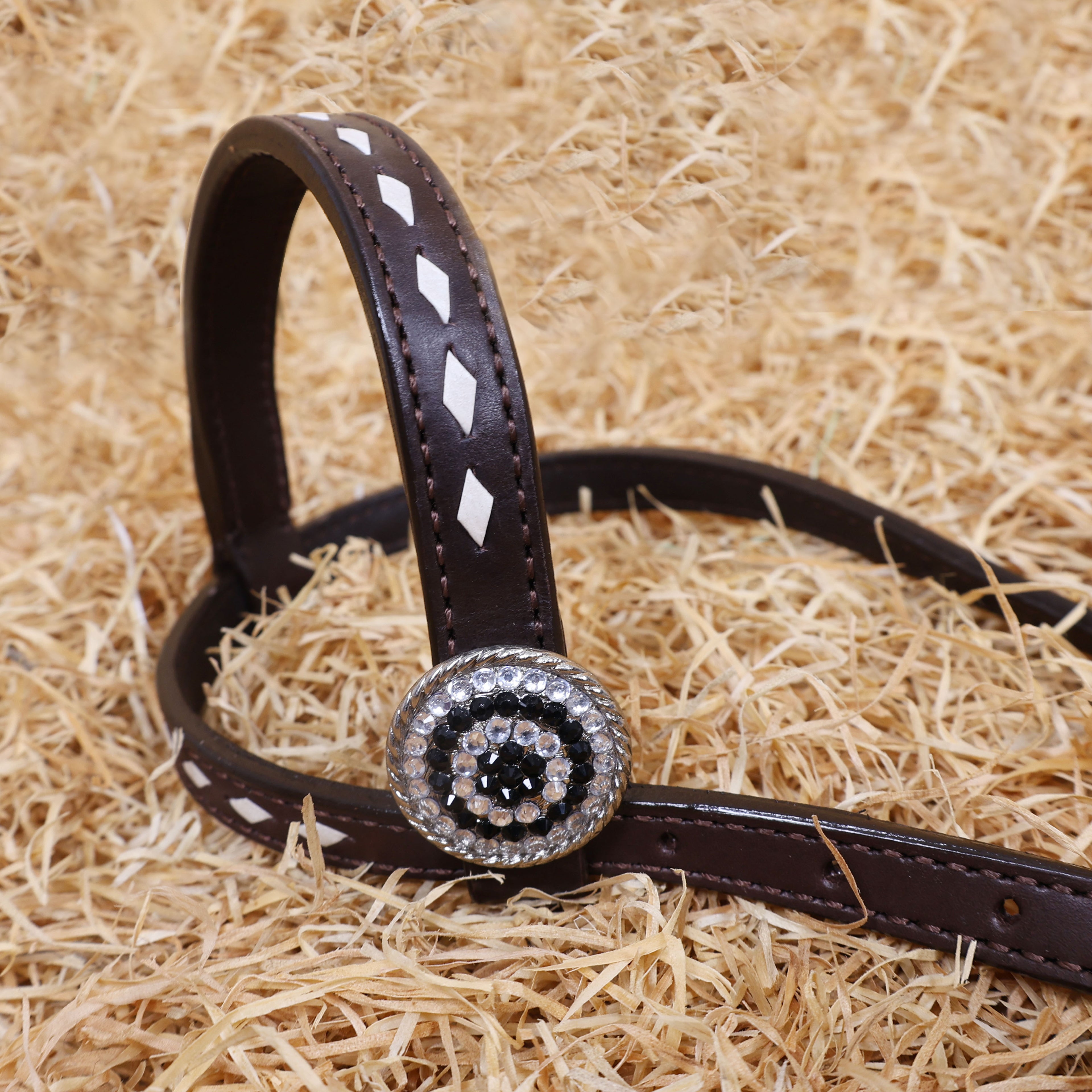 MOUSM Western Headstall & Breast Collar Set – Decorated With Black And White Checkered Pattern, Buck Stitching and Dazzling Round Conchos, All Antique Nickel Hardware