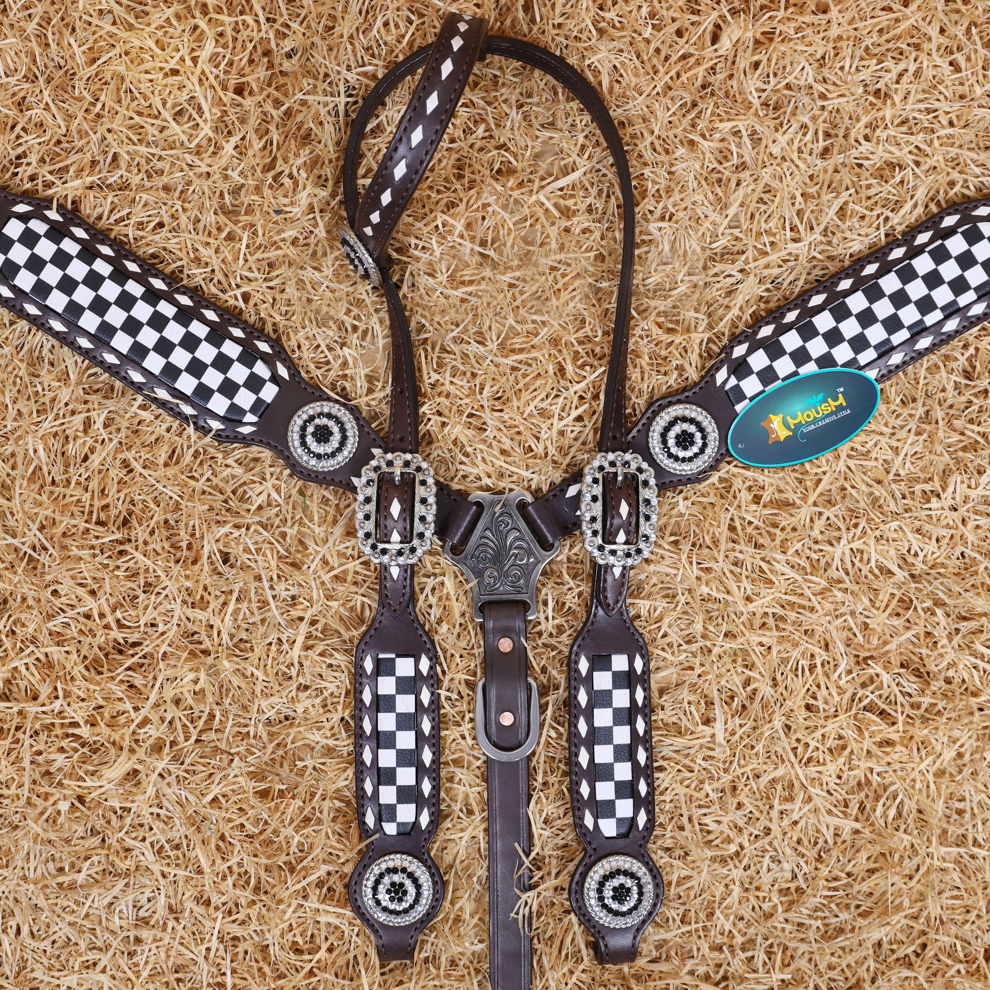 MOUSM Western Headstall & Breast Collar Set – Decorated With Black And White Checkered Pattern, Buck Stitching and Dazzling Round Conchos, All Antique Nickel Hardware