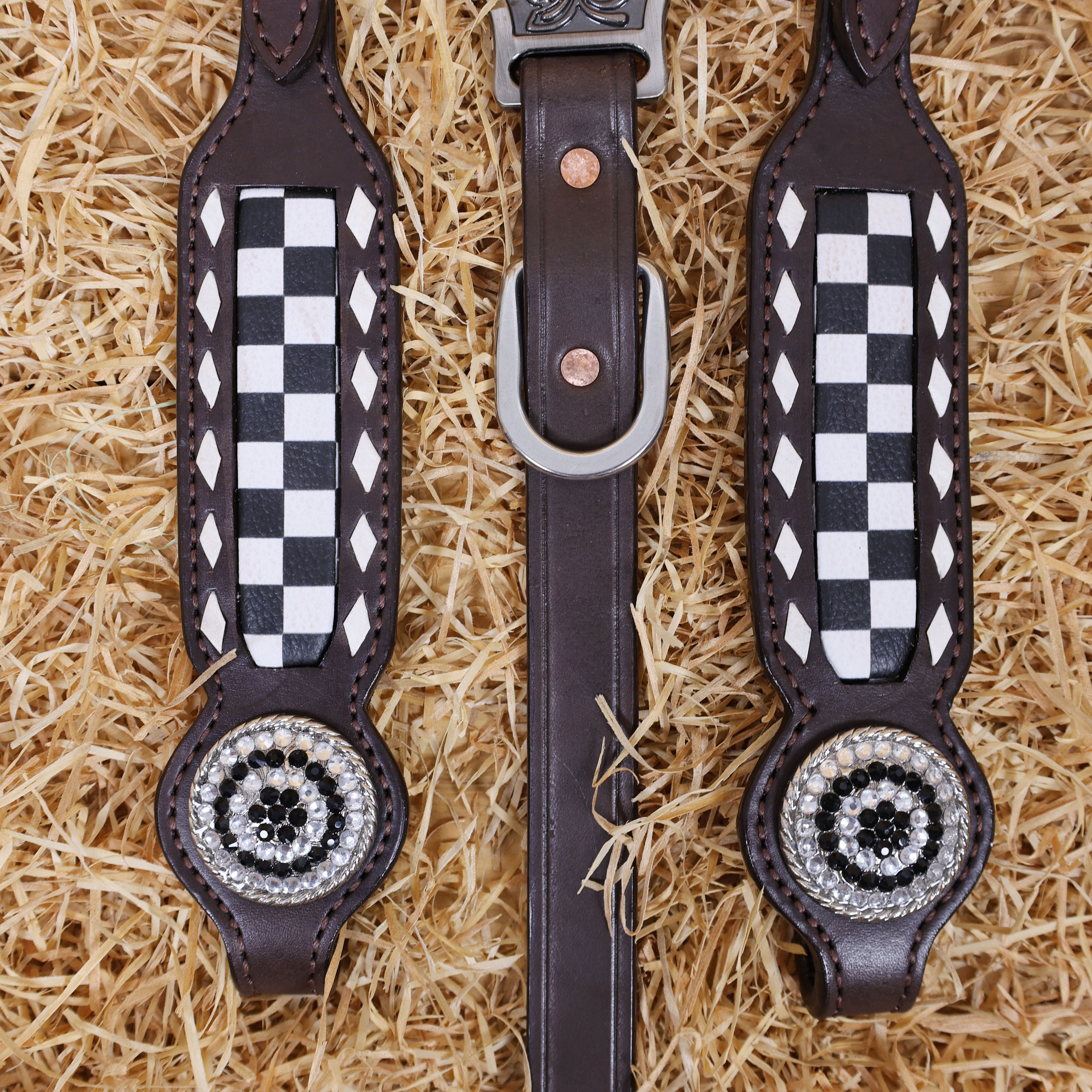 MOUSM Western Headstall & Breast Collar Set – Decorated With Black And White Checkered Pattern, Buck Stitching and Dazzling Round Conchos, All Antique Nickel Hardware