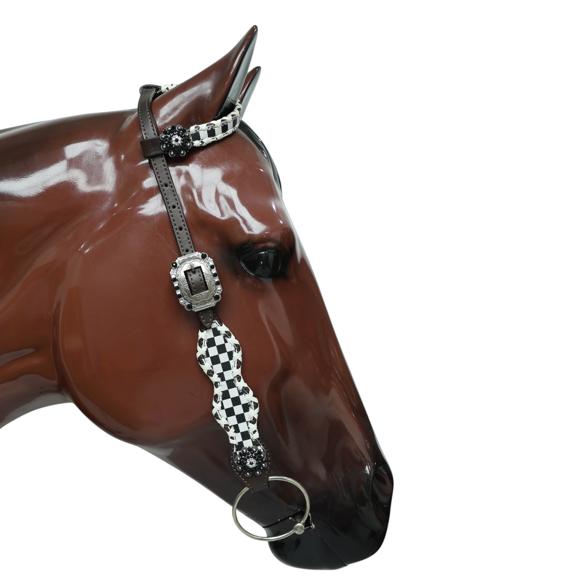 MOUSM Western Headstall and Breast Collar Set - Made with Argentina Cow Leather Decorated with Dual Tone Black Alligator Design and Checkered Pattern, Criss-Cross Rawhide Braiding All Around the Border, Bling Berry Conchos, All Antique Nickel Hardware