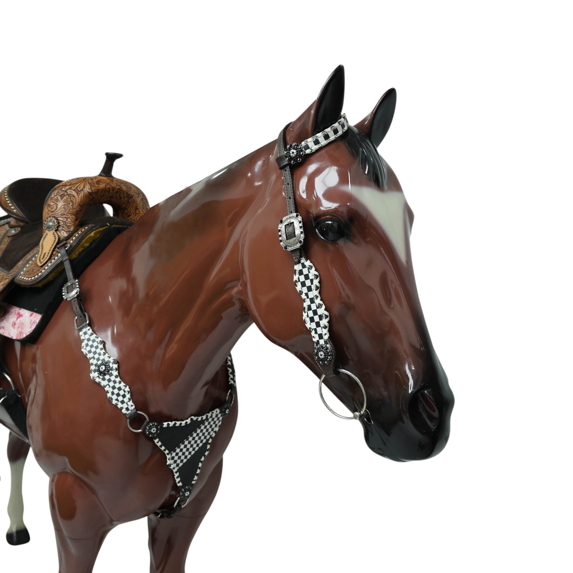 MOUSM Western Headstall and Breast Collar Set - Made with Argentina Cow Leather Decorated with Dual Tone Black Alligator Design and Checkered Pattern, Criss-Cross Rawhide Braiding All Around the Border, Bling Berry Conchos, All Antique Nickel Hardware