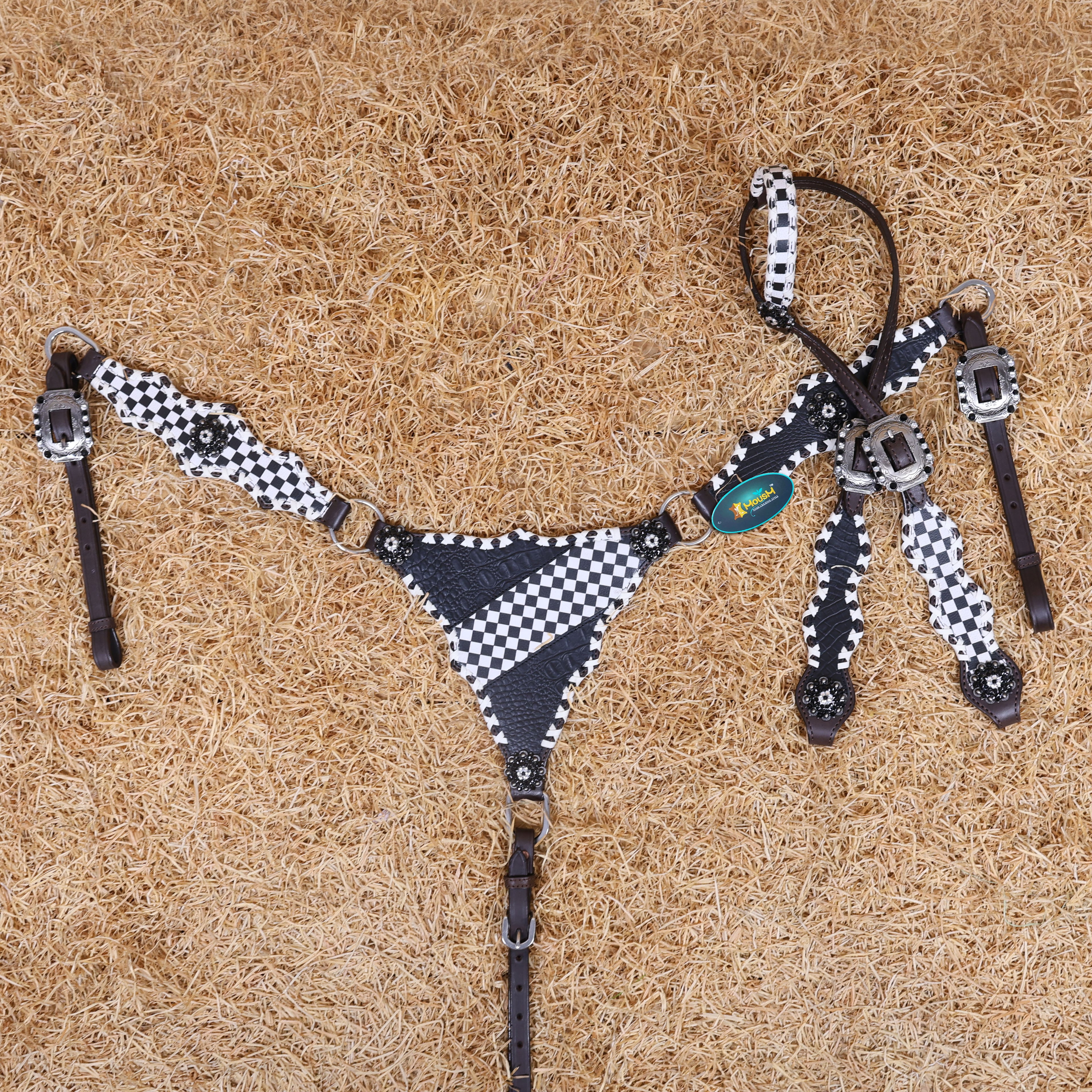 MOUSM Western Headstall and Breast Collar Set - Made with Argentina Cow Leather Decorated with Dual Tone Black Alligator Design and Checkered Pattern, Criss-Cross Rawhide Braiding All Around the Border, Bling Berry Conchos, All Antique Nickel Hardware