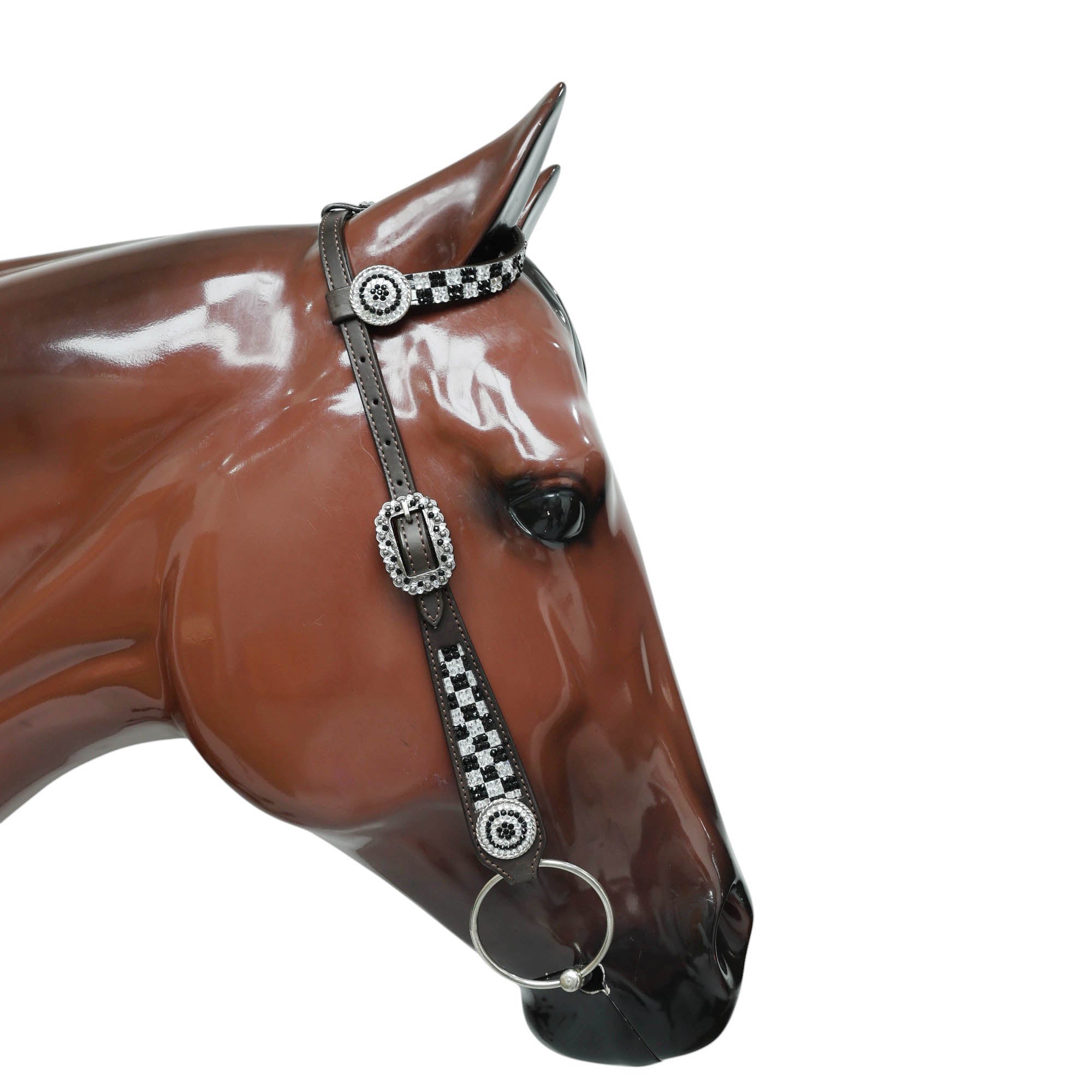 MOUSM Western Horse Tack Set – Made From Argentina Cow Leather, Featuring Gladiator-Style Breast Collar Decorated With Dazzling Black And White Checkered Stone Design, Round Berry Conchos, Leather Roping, And All Antique Nickel Hardware