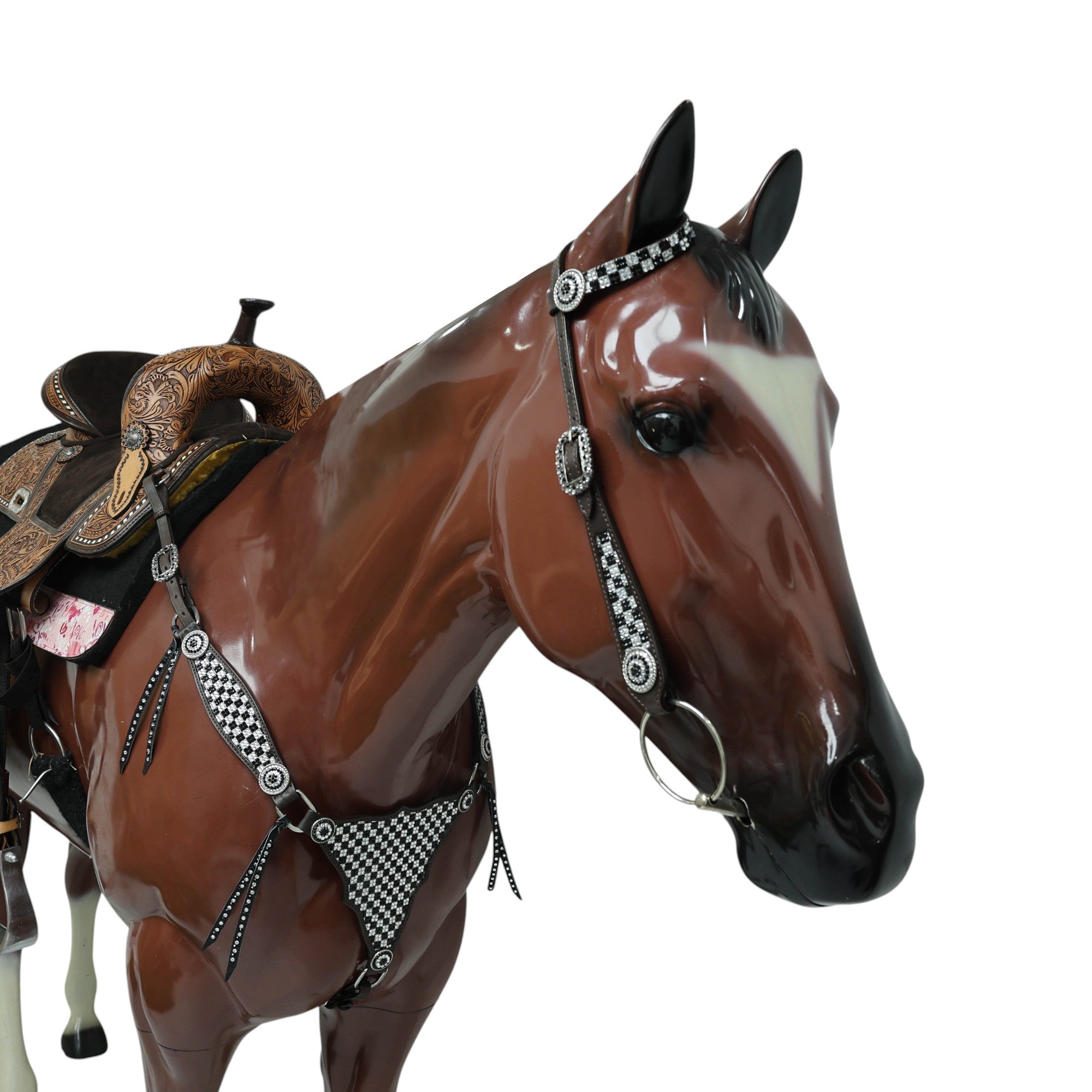 MOUSM Western Horse Tack Set – Made From Argentina Cow Leather, Featuring Gladiator-Style Breast Collar Decorated With Dazzling Black And White Checkered Stone Design, Round Berry Conchos, Leather Roping, And All Antique Nickel Hardware