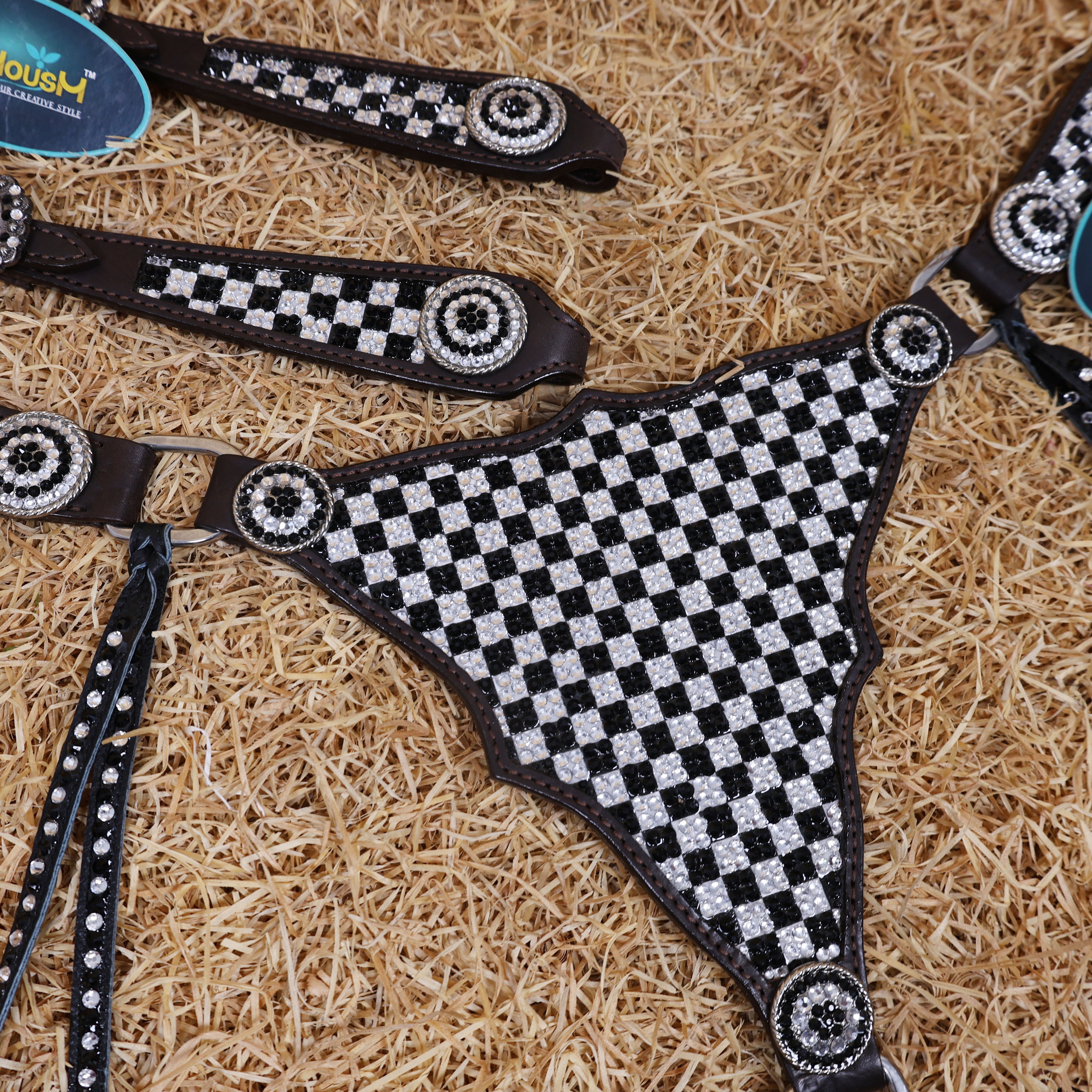 MOUSM Western Horse Tack Set – Made From Argentina Cow Leather, Featuring Gladiator-Style Breast Collar Decorated With Dazzling Black And White Checkered Stone Design, Round Berry Conchos, Leather Roping, And All Antique Nickel Hardware