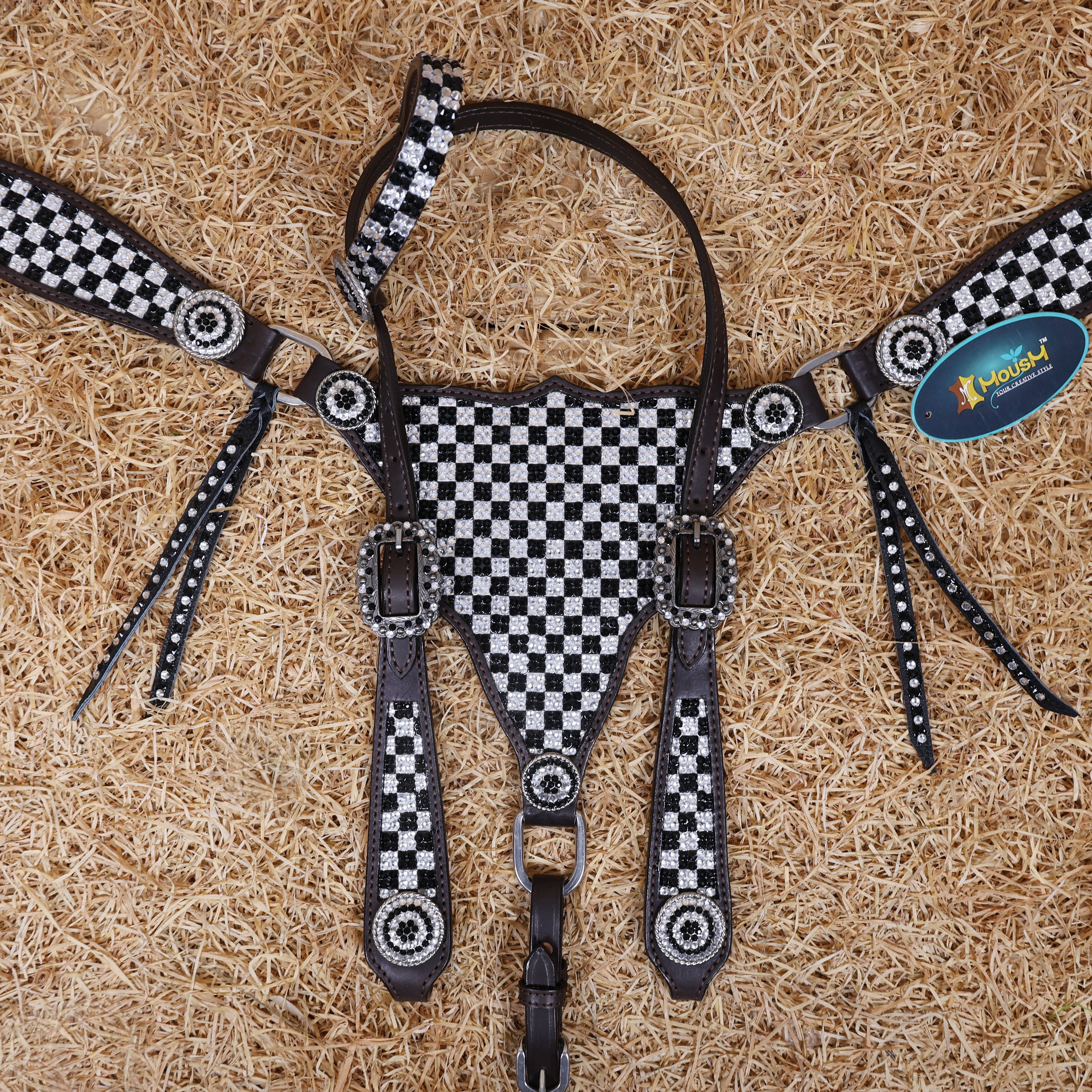 MOUSM Western Horse Tack Set – Made From Argentina Cow Leather, Featuring Gladiator-Style Breast Collar Decorated With Dazzling Black And White Checkered Stone Design, Round Berry Conchos, Leather Roping, And All Antique Nickel Hardware