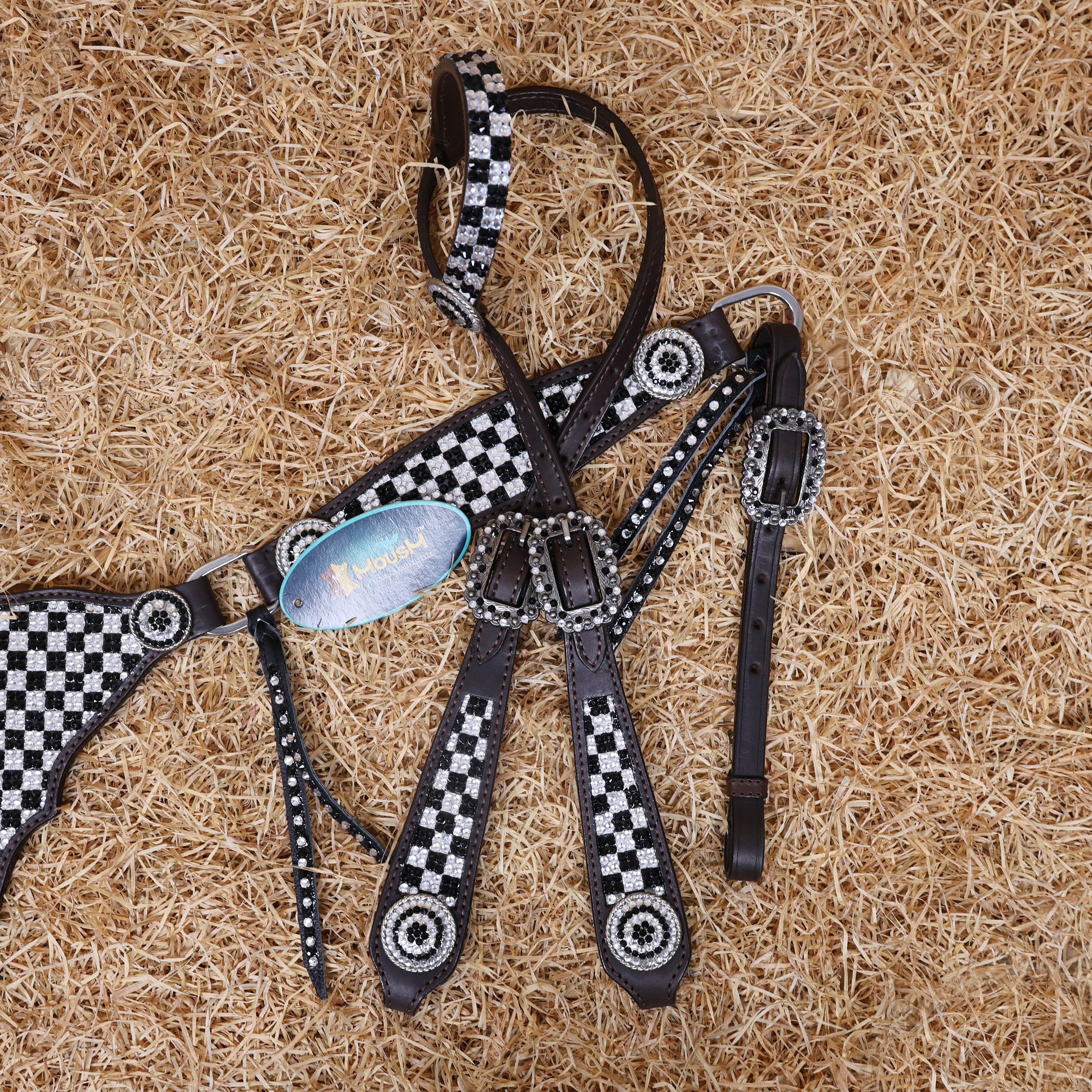 MOUSM Western Horse Tack Set – Made From Argentina Cow Leather, Featuring Gladiator-Style Breast Collar Decorated With Dazzling Black And White Checkered Stone Design, Round Berry Conchos, Leather Roping, And All Antique Nickel Hardware