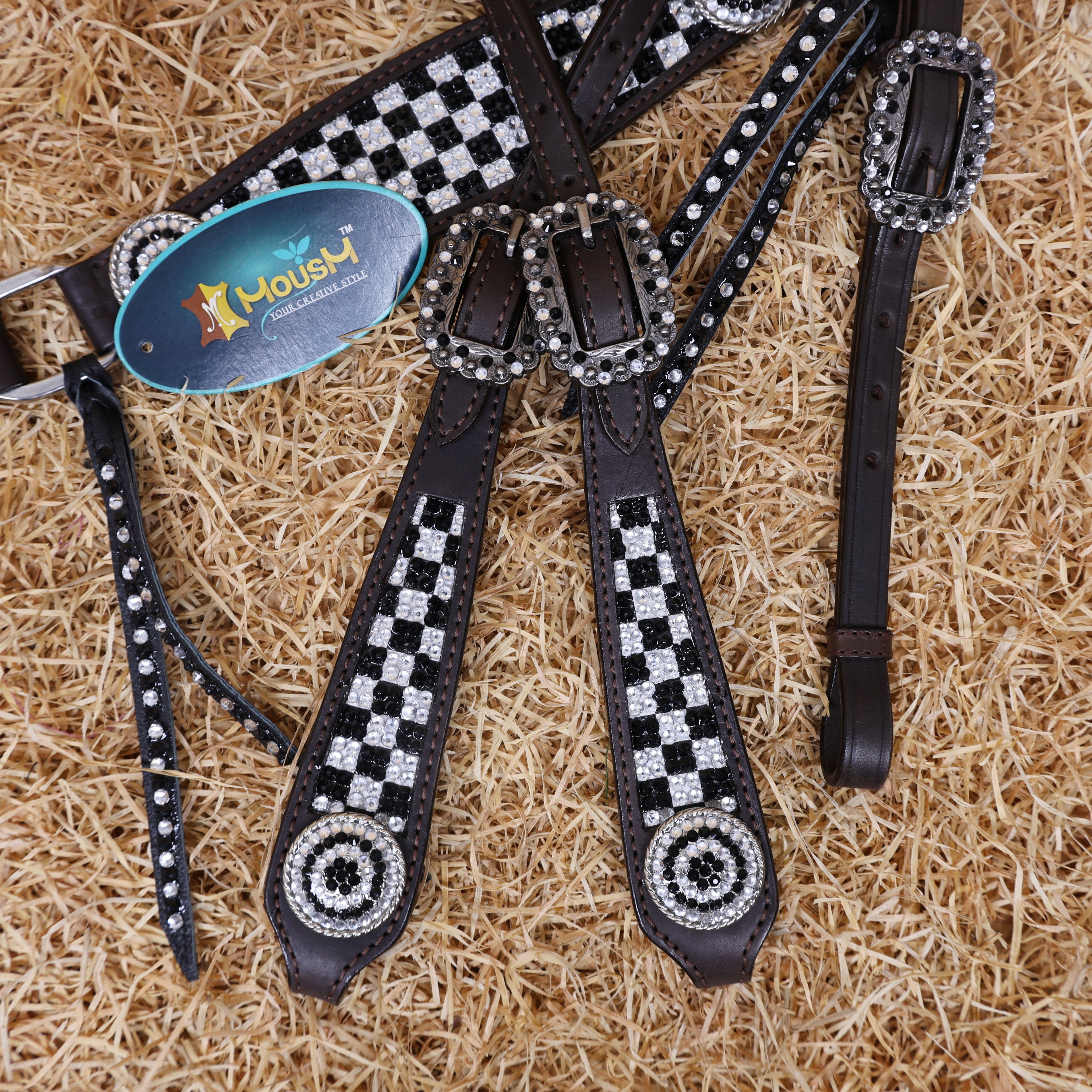 MOUSM Western Horse Tack Set – Made From Argentina Cow Leather, Featuring Gladiator-Style Breast Collar Decorated With Dazzling Black And White Checkered Stone Design, Round Berry Conchos, Leather Roping, And All Antique Nickel Hardware