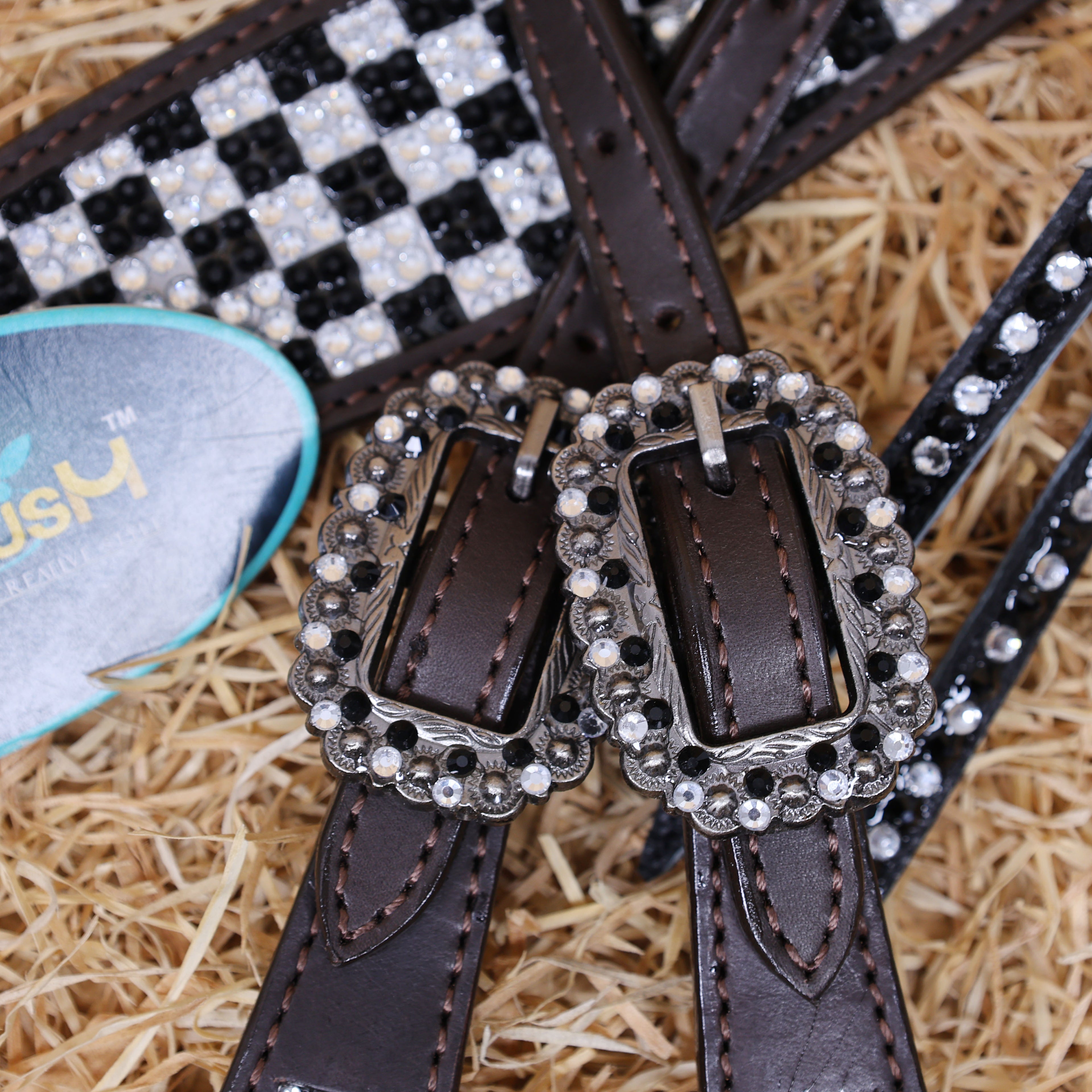 MOUSM Western Horse Tack Set – Made From Argentina Cow Leather, Featuring Gladiator-Style Breast Collar Decorated With Dazzling Black And White Checkered Stone Design, Round Berry Conchos, Leather Roping, And All Antique Nickel Hardware