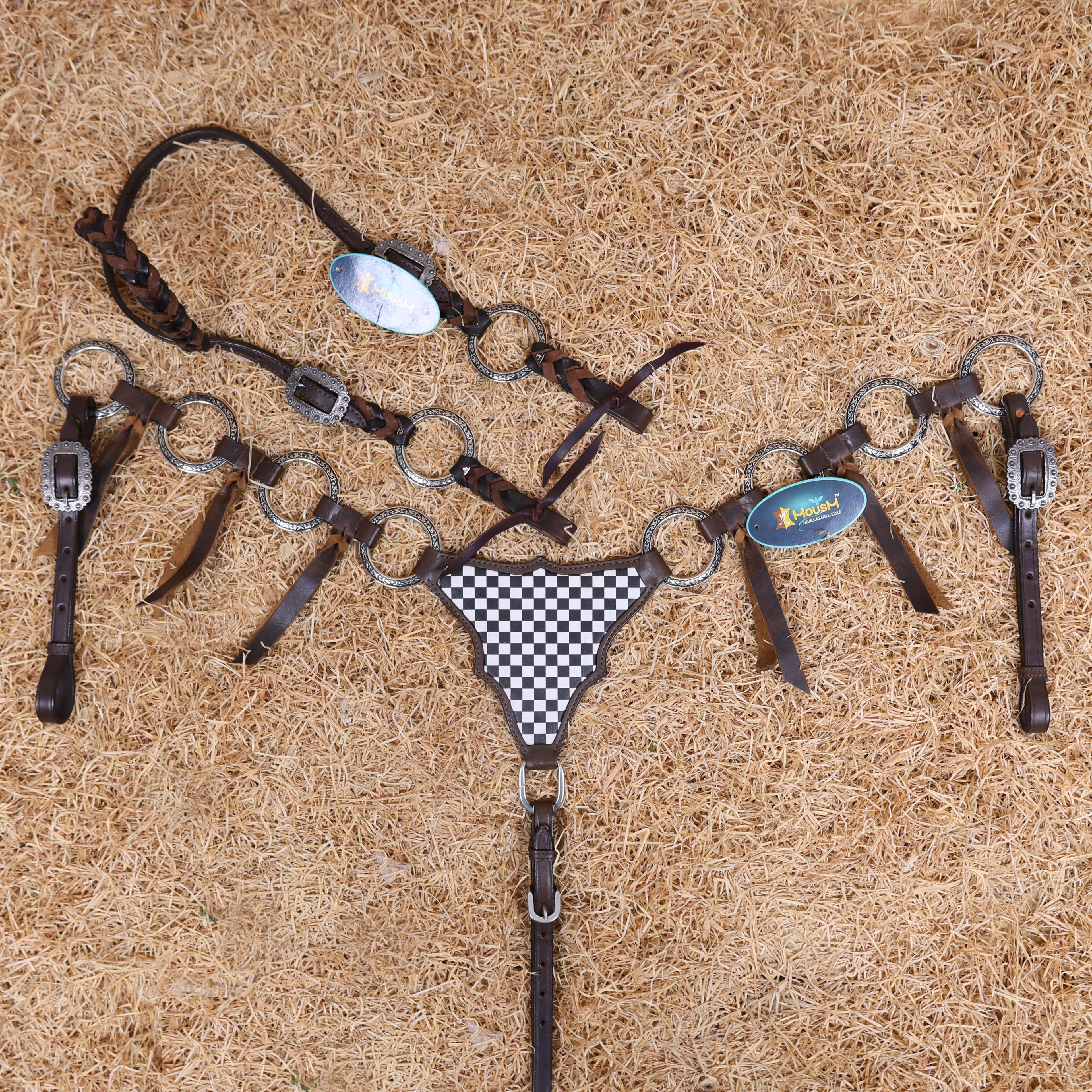 MOUSM Western Headstall With Gladiator-Style Breast Collar – Made From Argentina Cow Leather, Decorated With Engraved Metal Rings, Black & White Checkered Pattern, Leather-Braided One-Ear And Cheek Piece With Roping, And All Antique Nickel Hardware