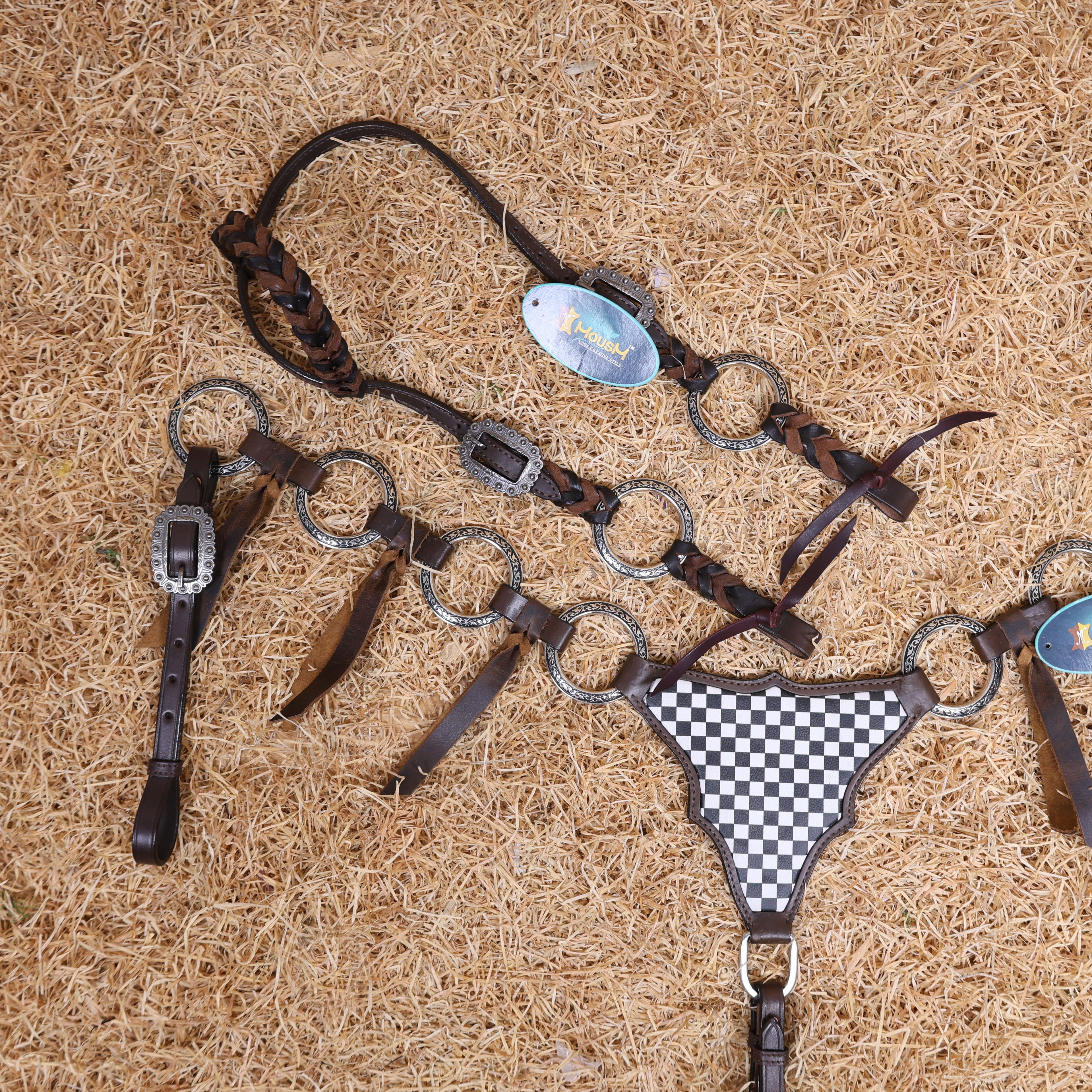 MOUSM Western Headstall With Gladiator-Style Breast Collar – Made From Argentina Cow Leather, Decorated With Engraved Metal Rings, Black & White Checkered Pattern, Leather-Braided One-Ear And Cheek Piece With Roping, And All Antique Nickel Hardware