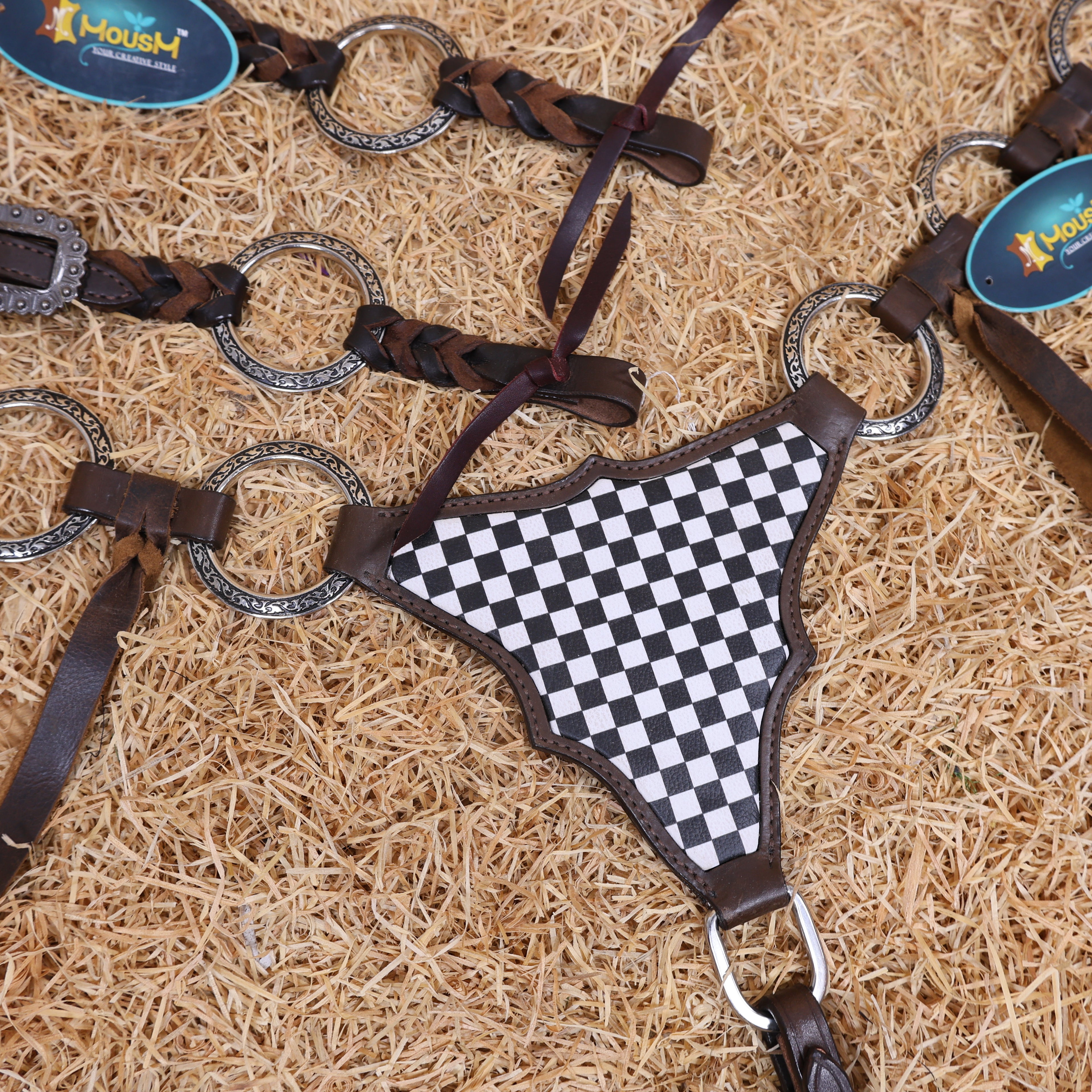 MOUSM Western Headstall With Gladiator-Style Breast Collar – Made From Argentina Cow Leather, Decorated With Engraved Metal Rings, Black & White Checkered Pattern, Leather-Braided One-Ear And Cheek Piece With Roping, And All Antique Nickel Hardware