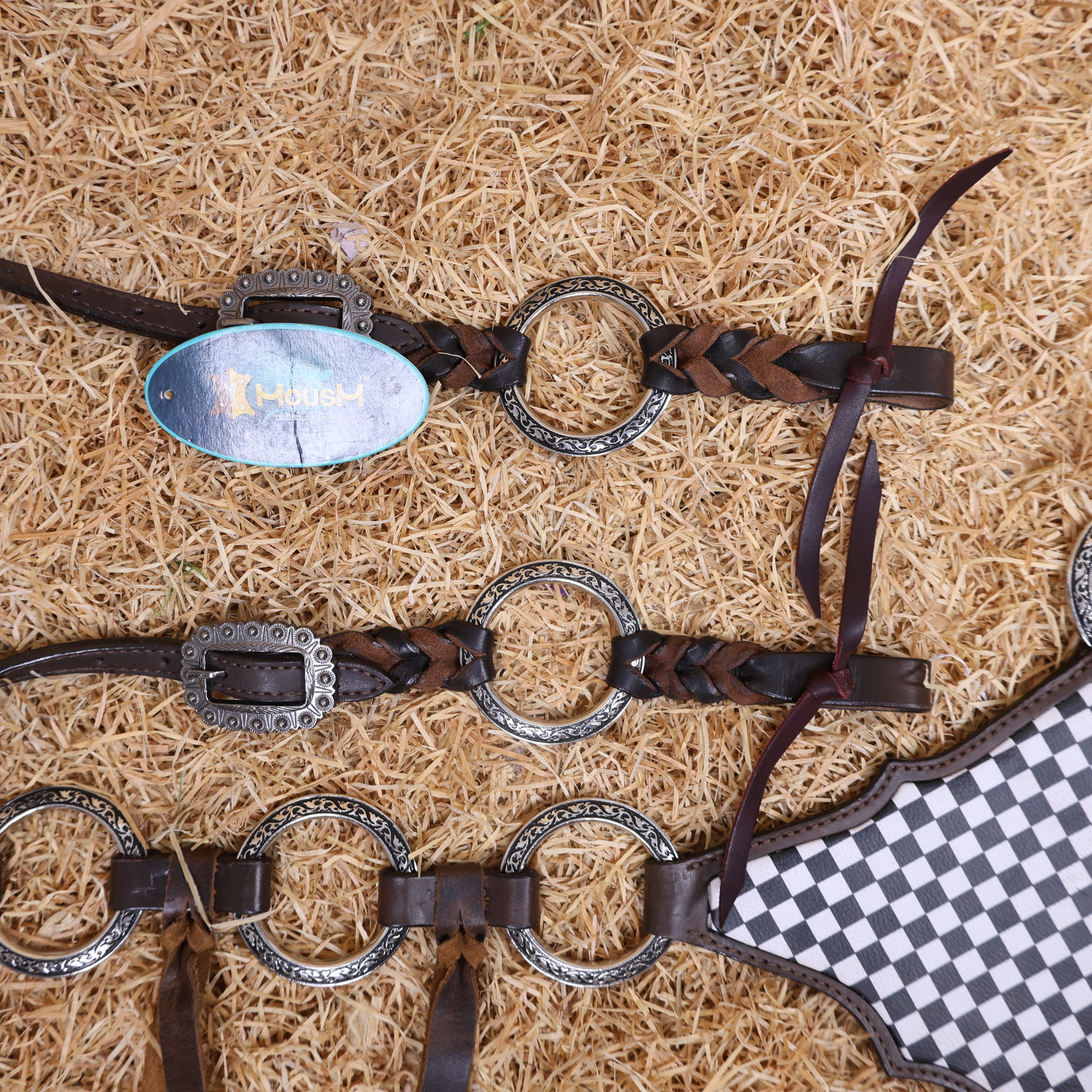 MOUSM Western Headstall With Gladiator-Style Breast Collar – Made From Argentina Cow Leather, Decorated With Engraved Metal Rings, Black & White Checkered Pattern, Leather-Braided One-Ear And Cheek Piece With Roping, And All Antique Nickel Hardware