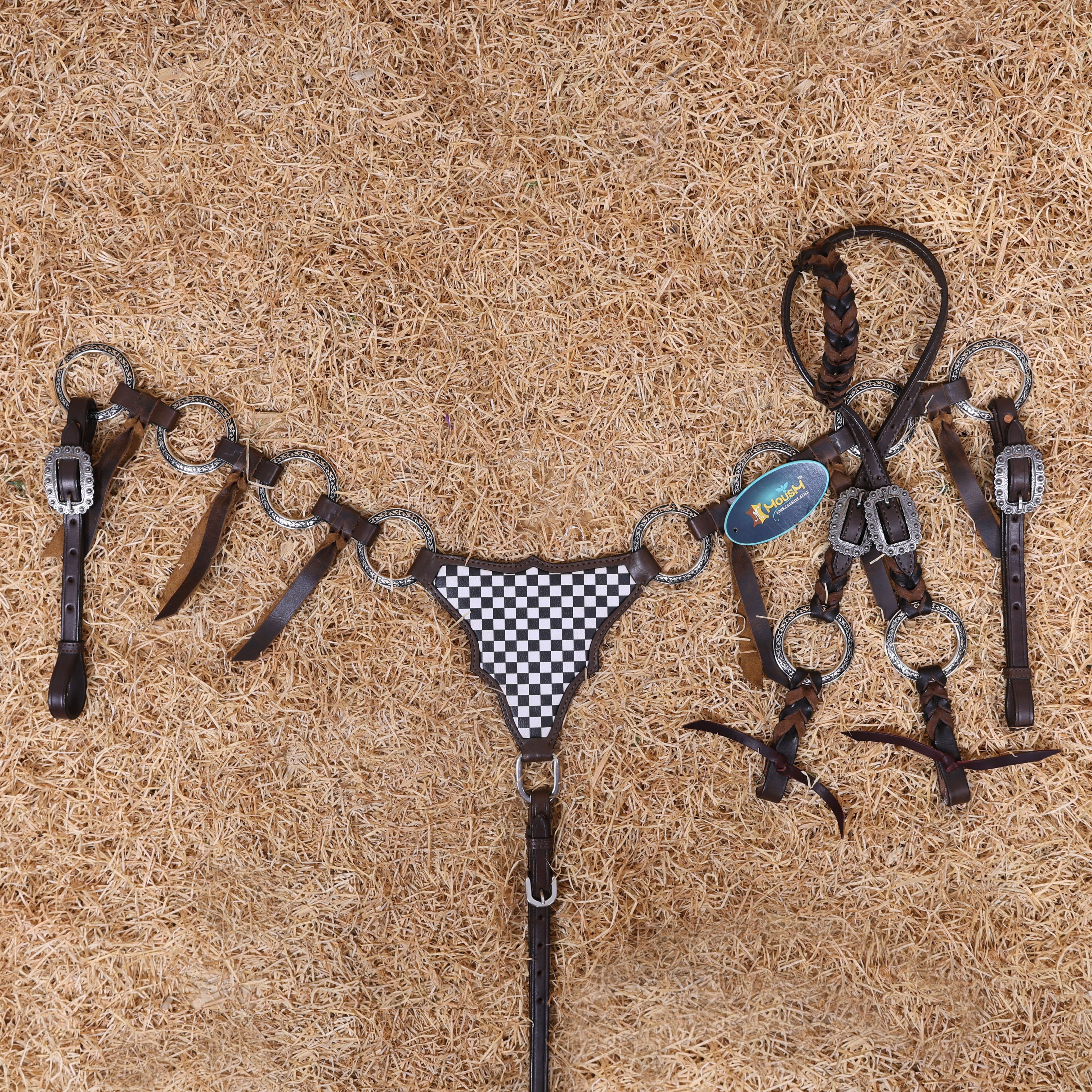 MOUSM Western Headstall With Gladiator-Style Breast Collar – Made From Argentina Cow Leather, Decorated With Engraved Metal Rings, Black & White Checkered Pattern, Leather-Braided One-Ear And Cheek Piece With Roping, And All Antique Nickel Hardware