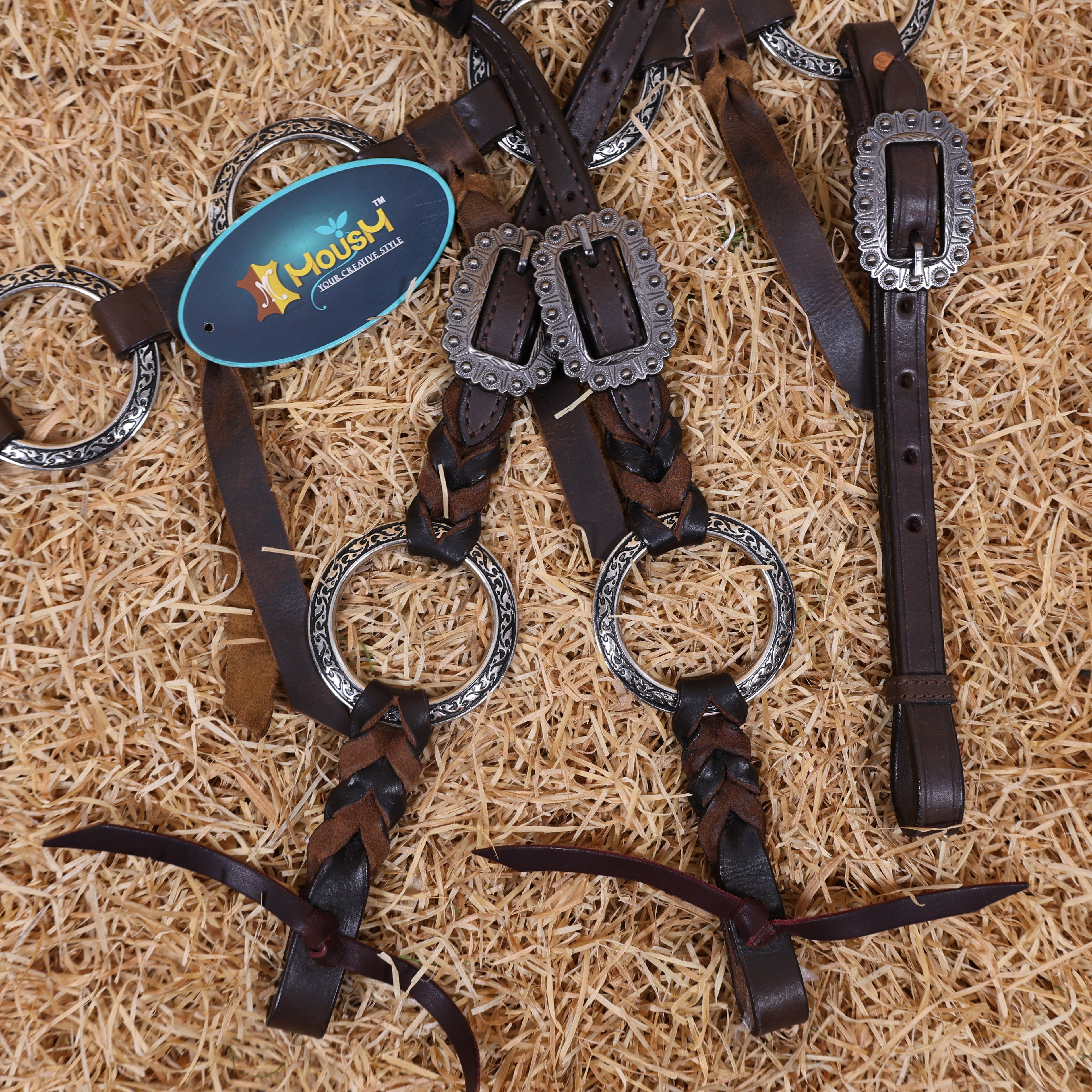 MOUSM Western Headstall With Gladiator-Style Breast Collar – Made From Argentina Cow Leather, Decorated With Engraved Metal Rings, Black & White Checkered Pattern, Leather-Braided One-Ear And Cheek Piece With Roping, And All Antique Nickel Hardware